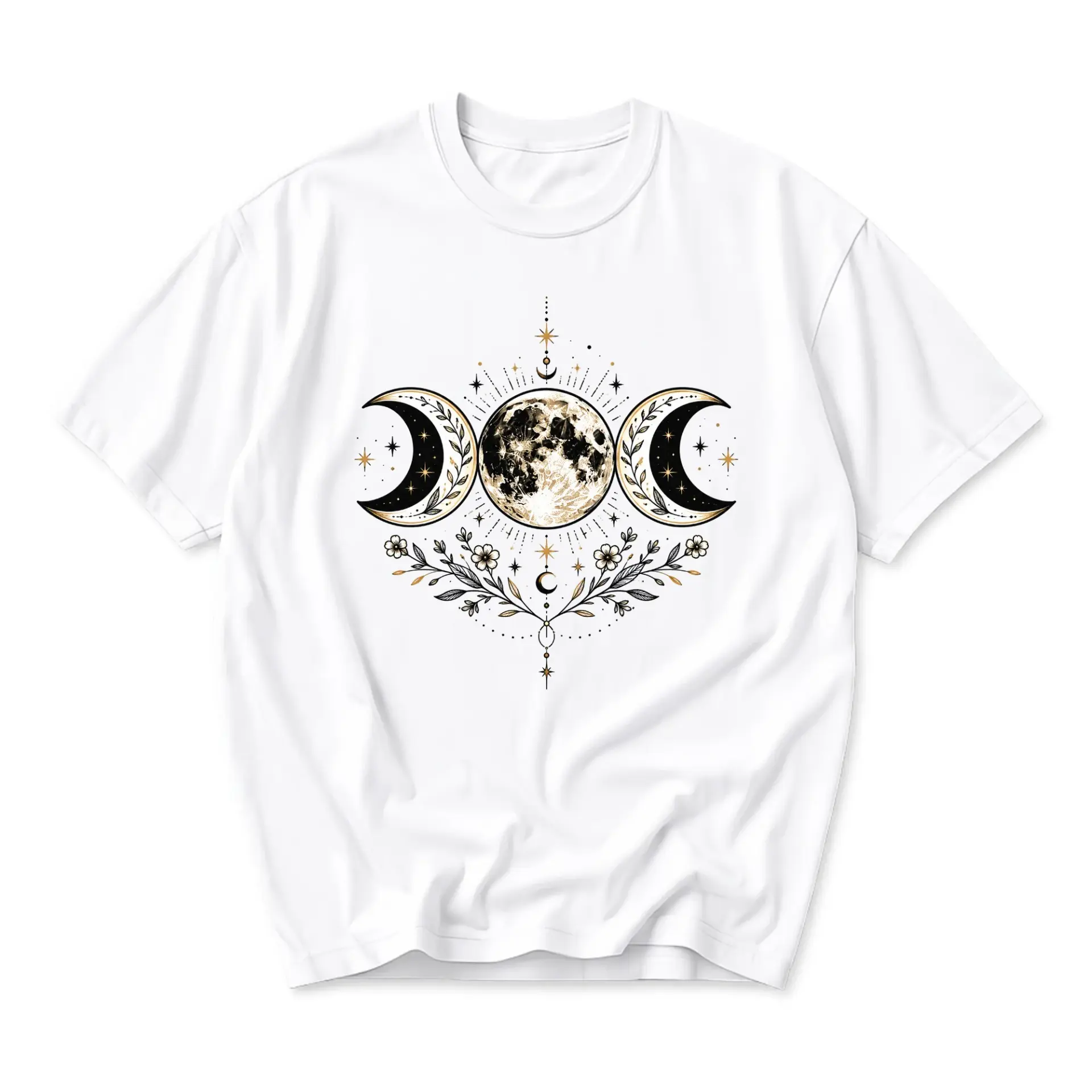 Graphic Tee Celestial Moon Phases Floral Print Unisex Casual Shirt Boho Style Cotton Blend Crew Neck Apparel