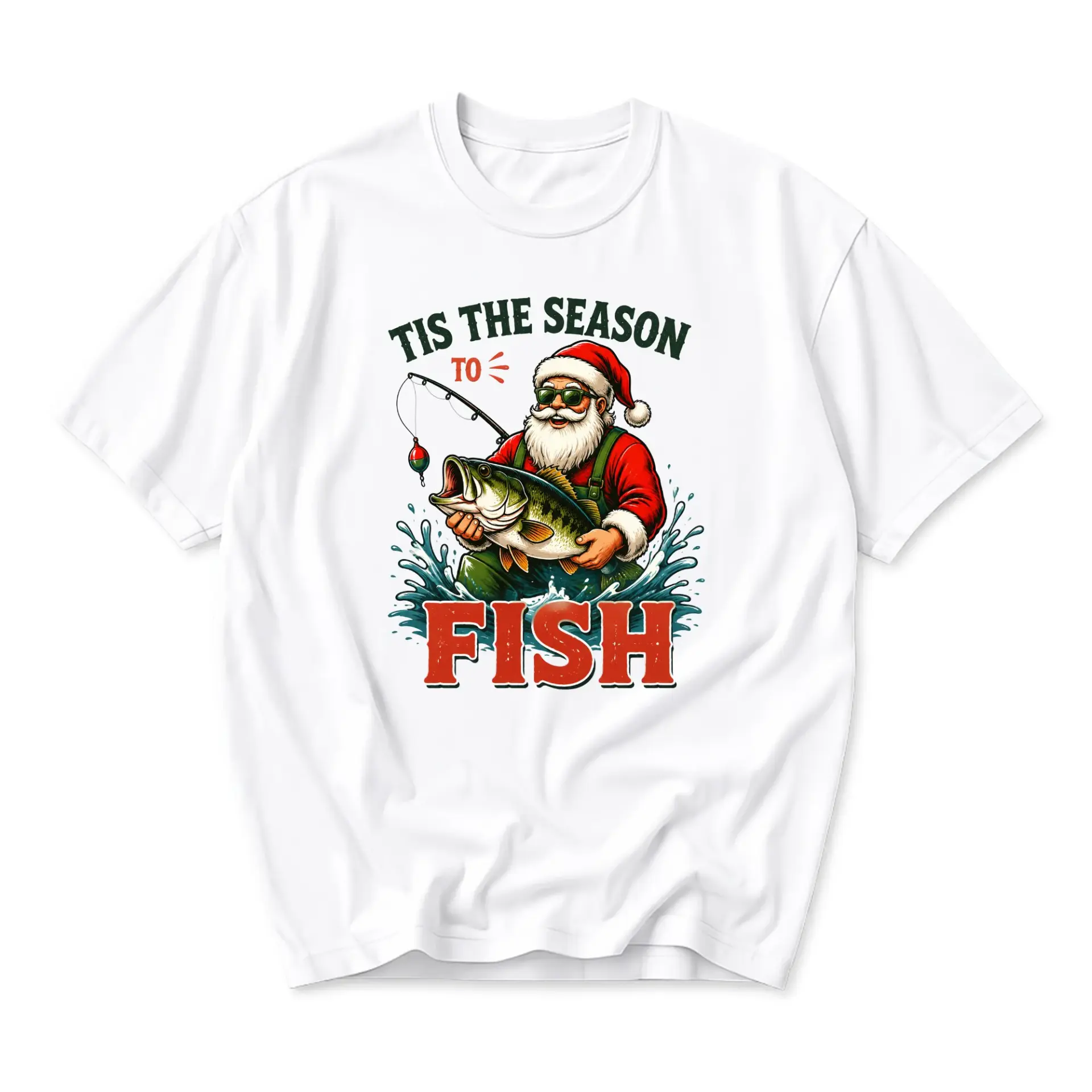 Funny Shirt Tis the Season to Fish Christmas Santa Graphic Tee Unisex Crew