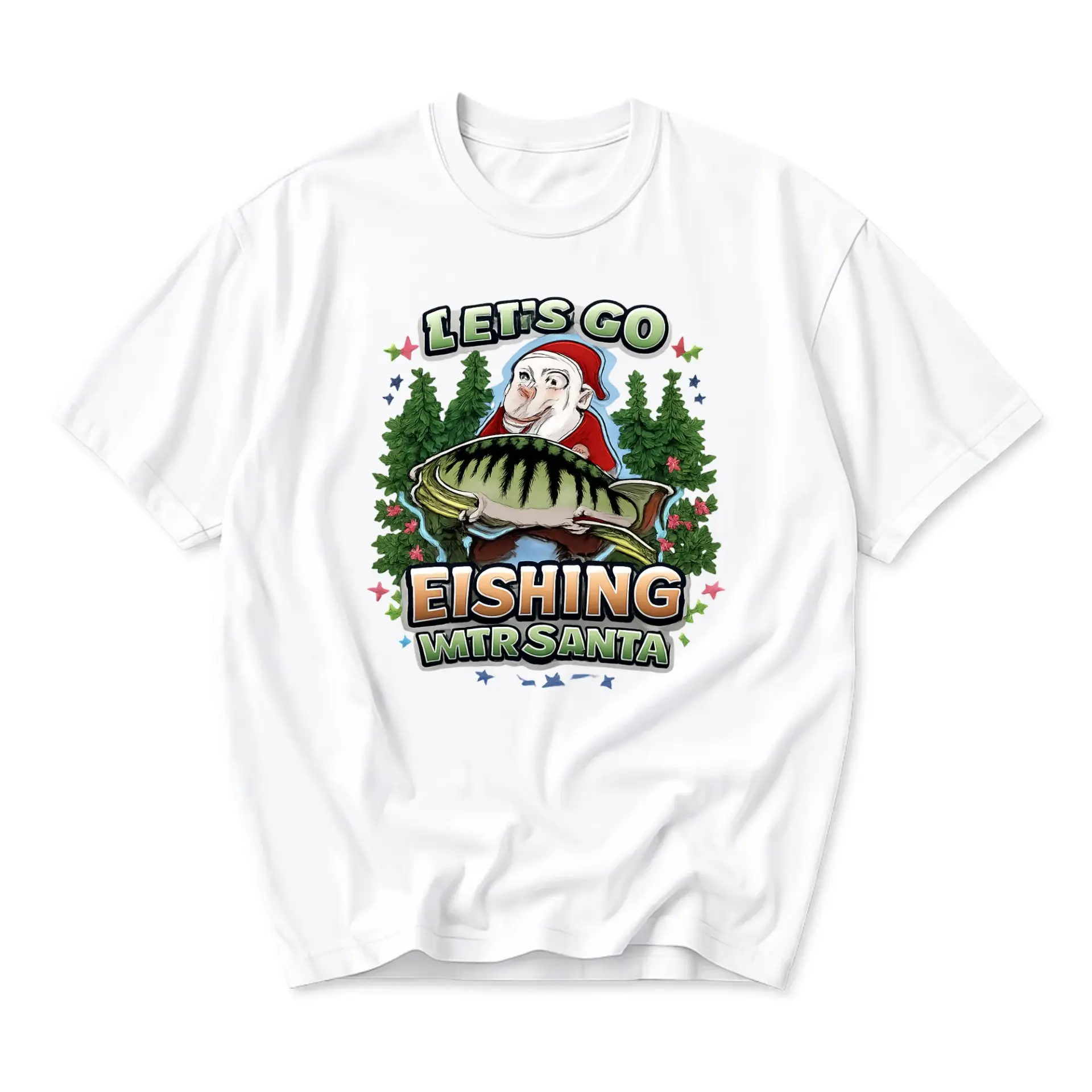 Funny Shirt Unisex Graphic Printed T-Shirt Let's Go Fishing Mr Santa Humor