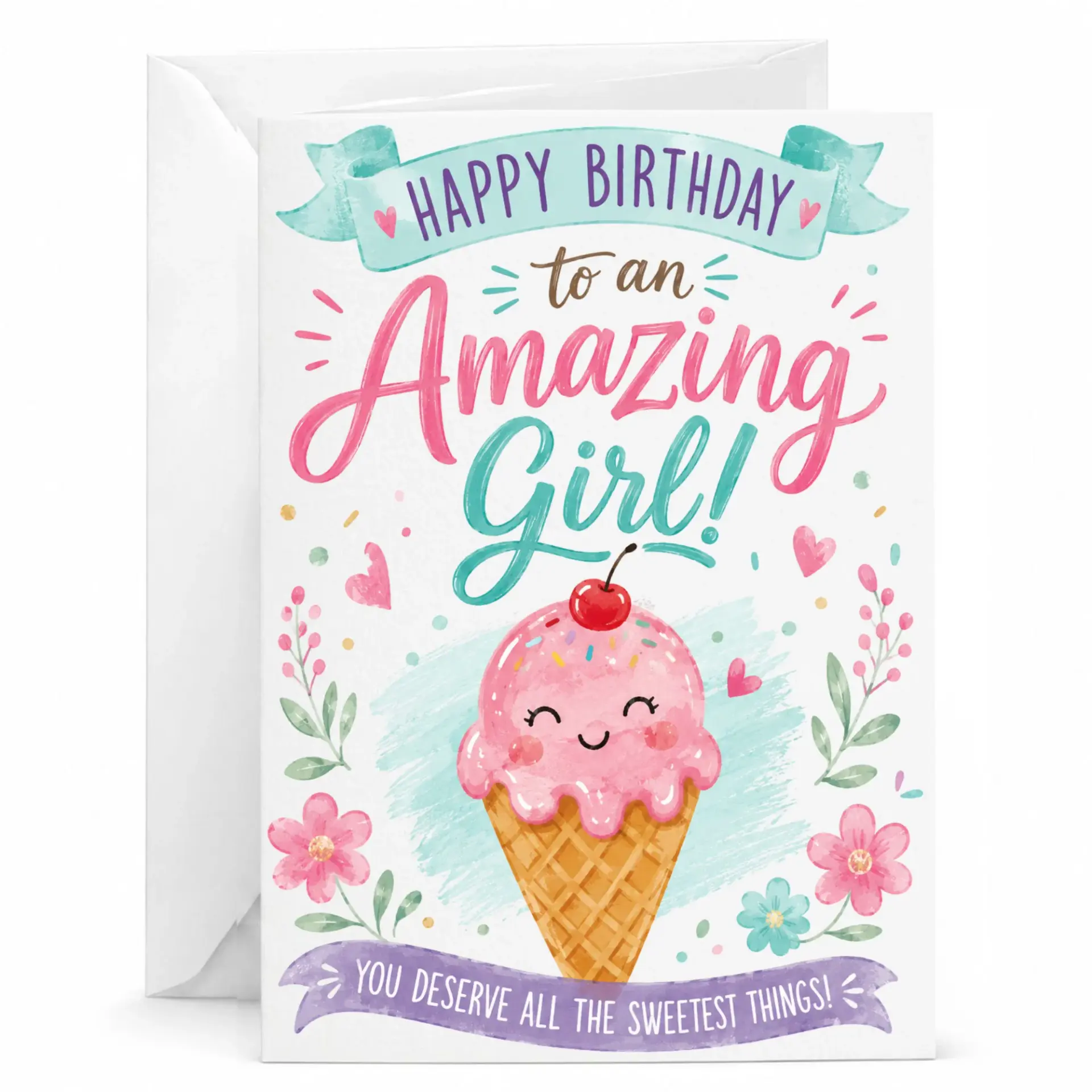 Birthday Card for Her Featuring Cute Ice Cream Design Happy to an Girl Sweet Greeting