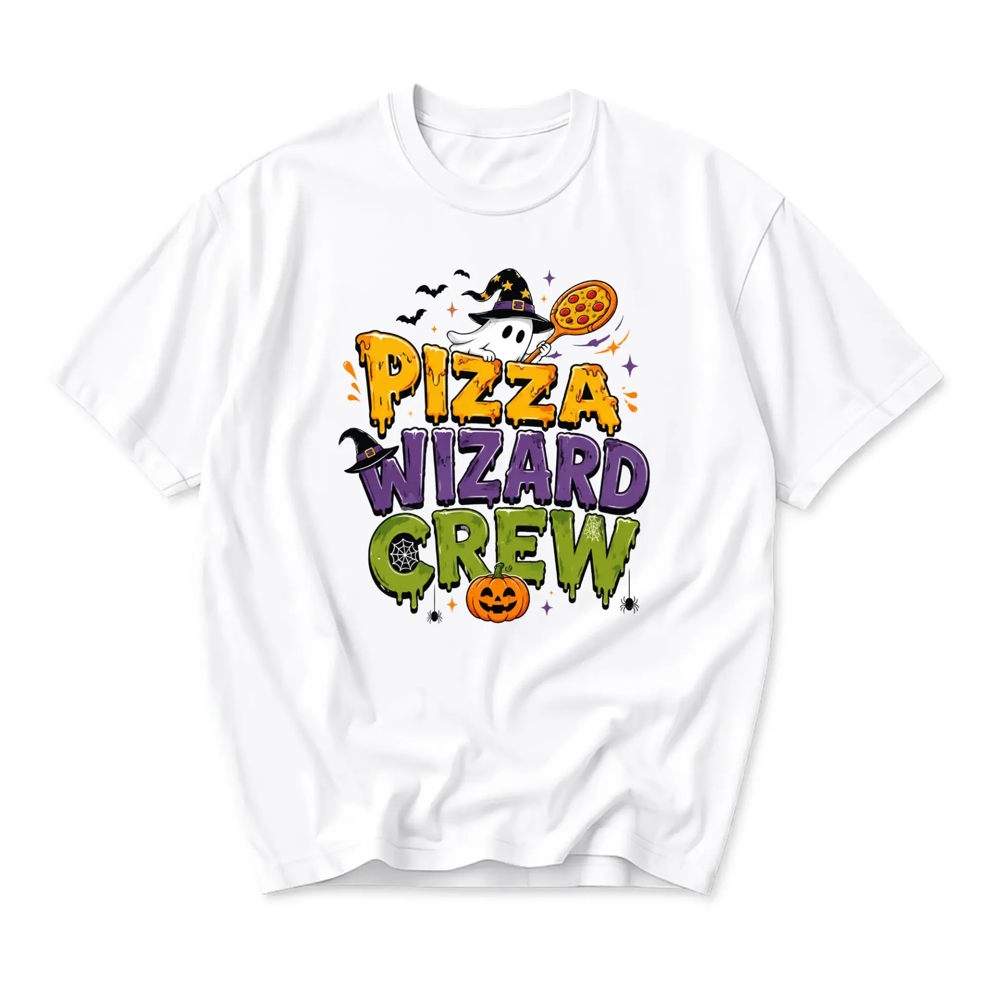 Funny Shirt Pizza Wizard Crew Halloween Graphic Tee Unisex Cotton Blend Casual Short Sleeve Everyday Outfit White Top