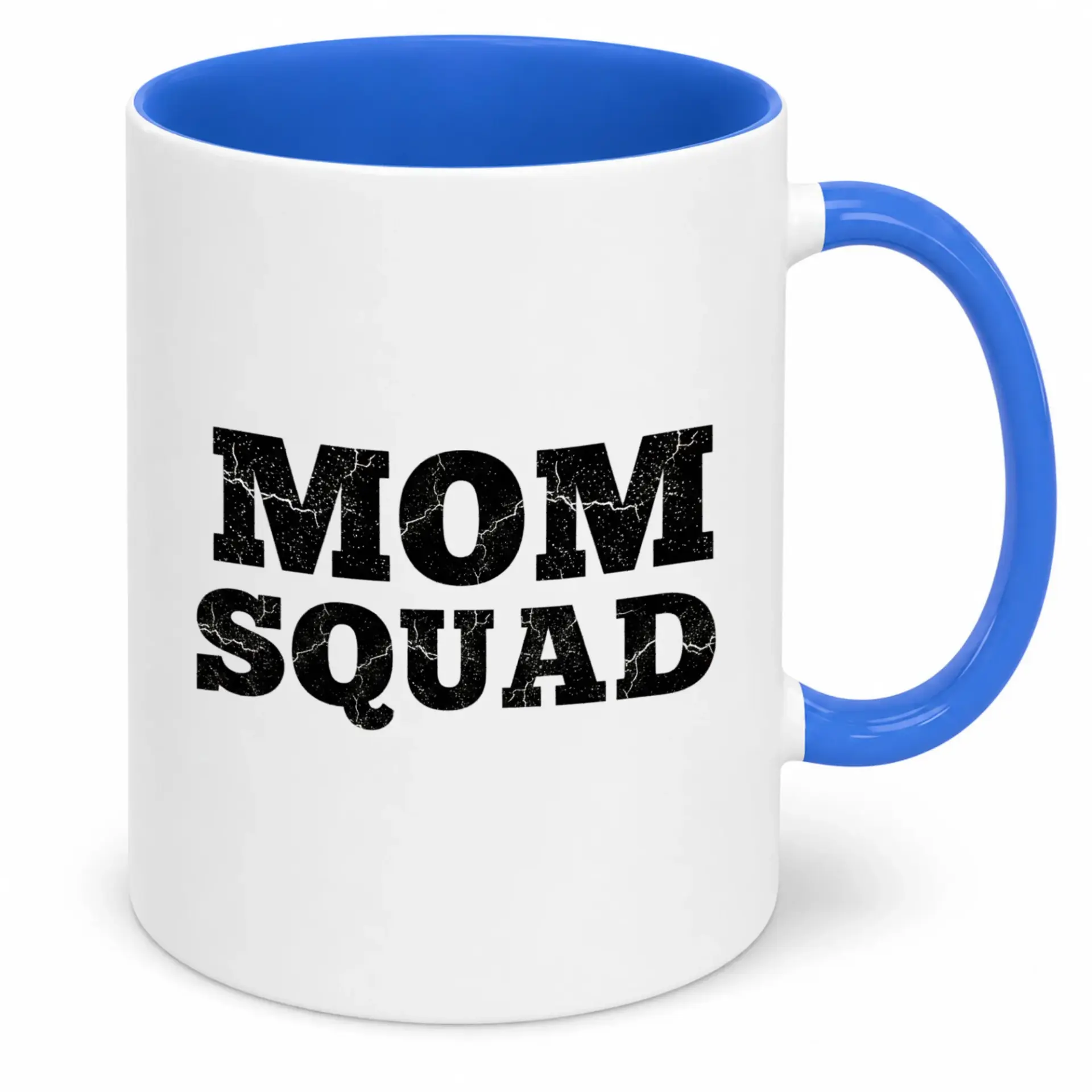 Ceramic Coffee Mug for Moms with Distressed 'mom Squad' Text Design 11 Oz or 15 Oz White Blue Handle and Interior