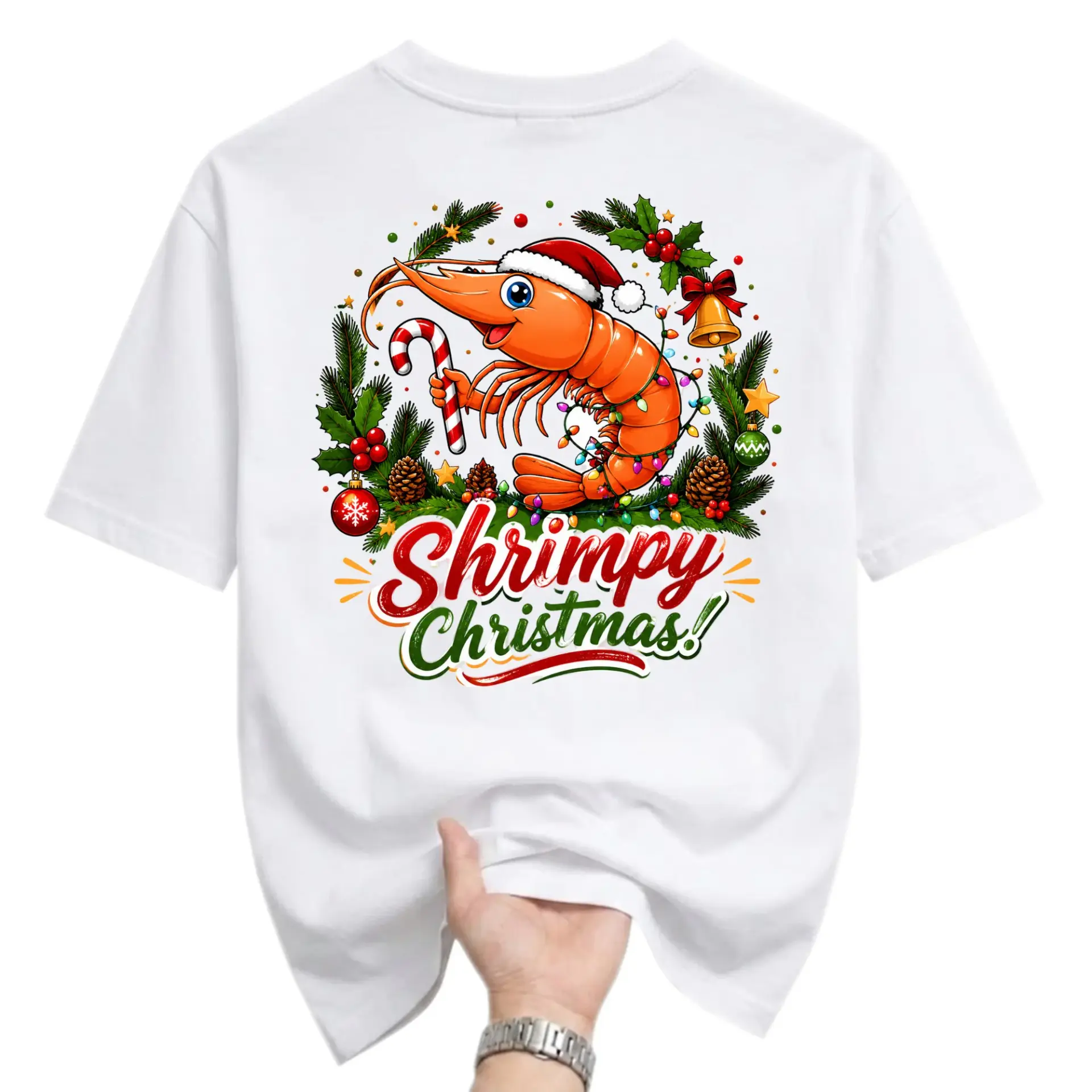 Funny Shirt Shrimpy Christmas Graphic Tee Holiday Season Crew Neck Short Sleeve Apparel for Men and Women White