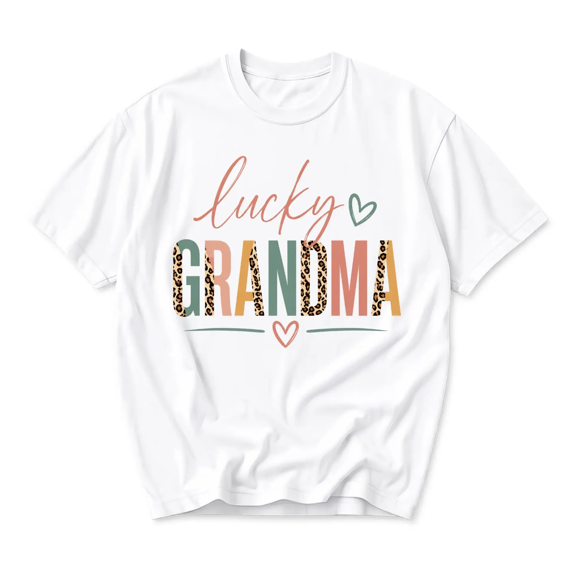 Graphic Tee Lucky Grandma Leopard Print Heart Design Unisex Casual Short Sleeve Crew Neck Cotton Blend Shirt