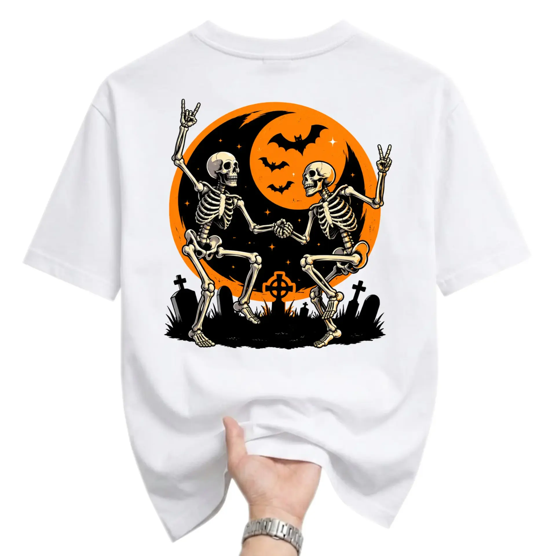 Graphic Tee Skeleton Dance Halloween Moon Illustration Unisex Crew Neck Short Sleeve Casual Cotton Blend Shirt
