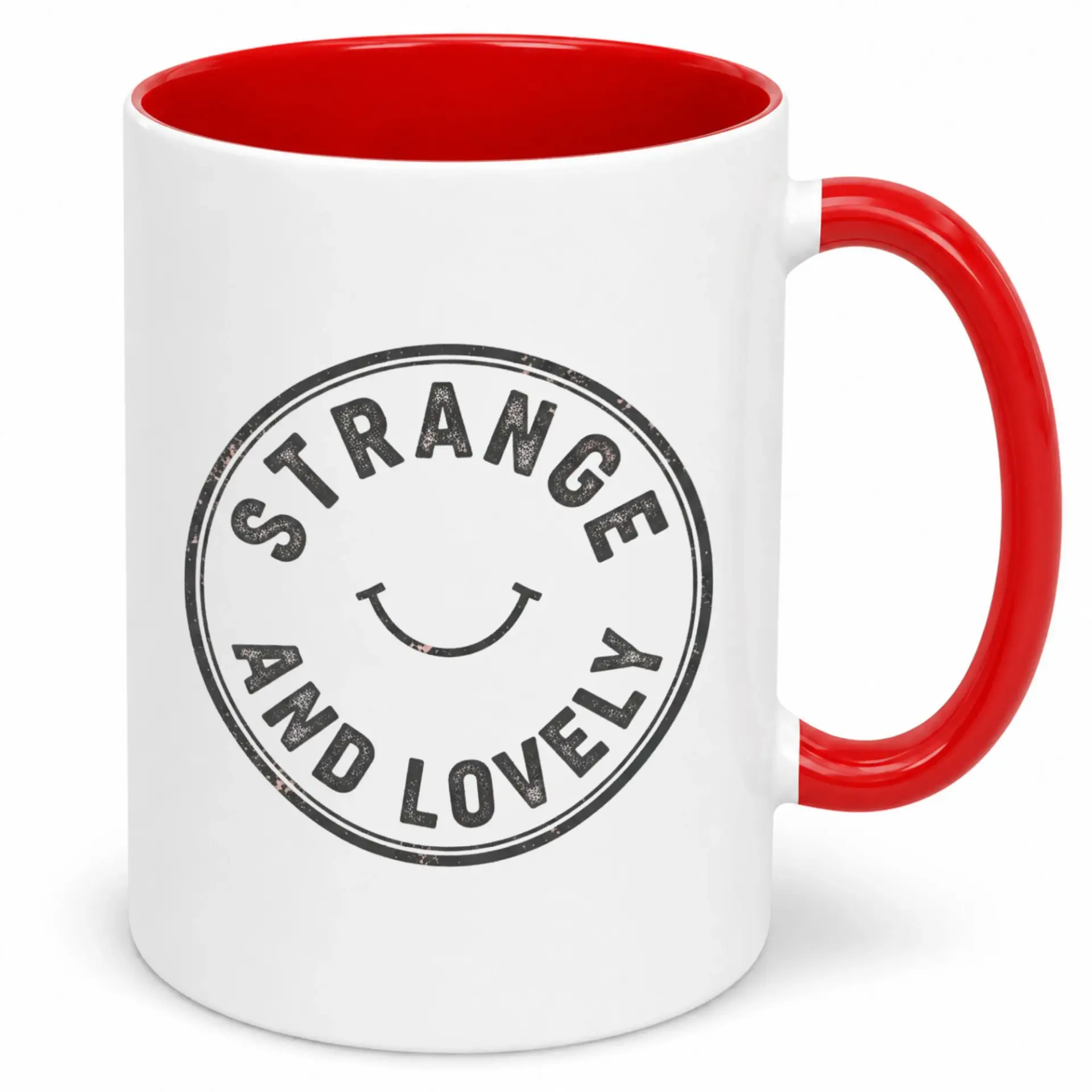 Funny Ceramic Coffee Mug with "strange and Lovely" Smiley Face Distressed Design, 11oz or 15oz Capacity, Unique Drinkware Gift