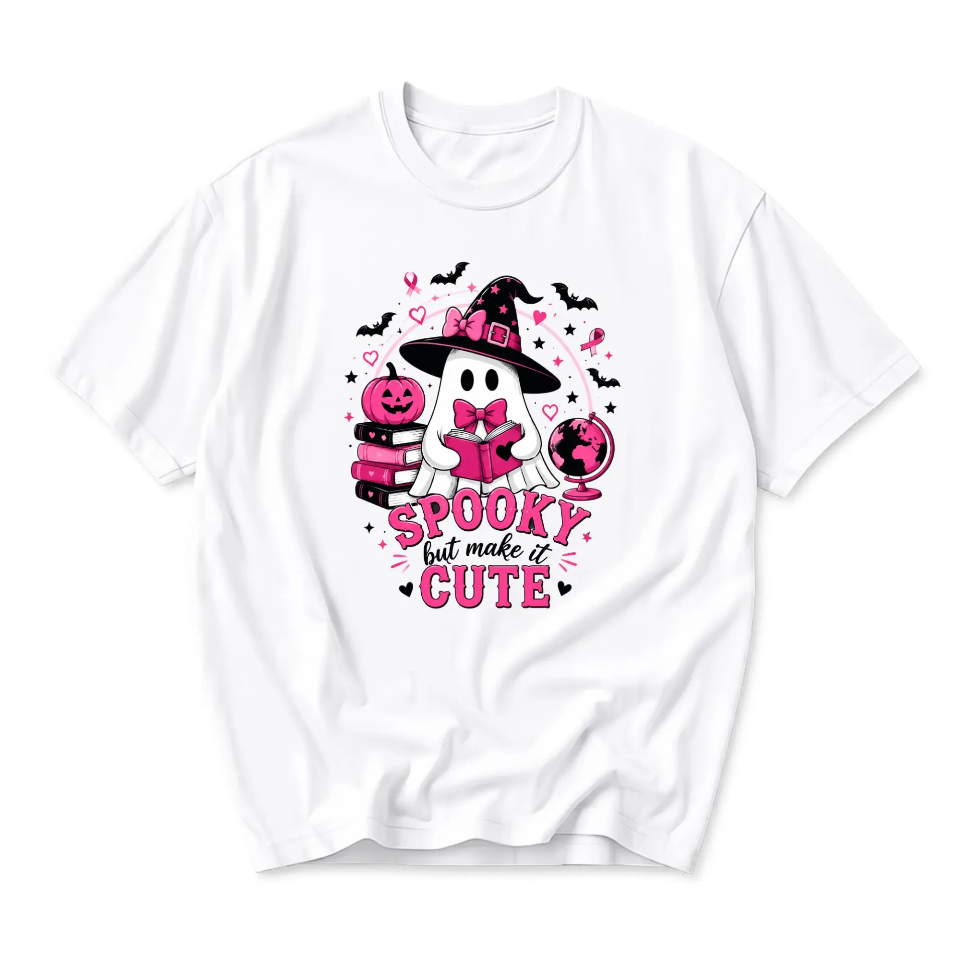 Funny Shirt Spooky but Make It Cute Graphic Tee Unisex Crew Neck Halloween Ghost Reading Pumpkin White Cotton Apparel