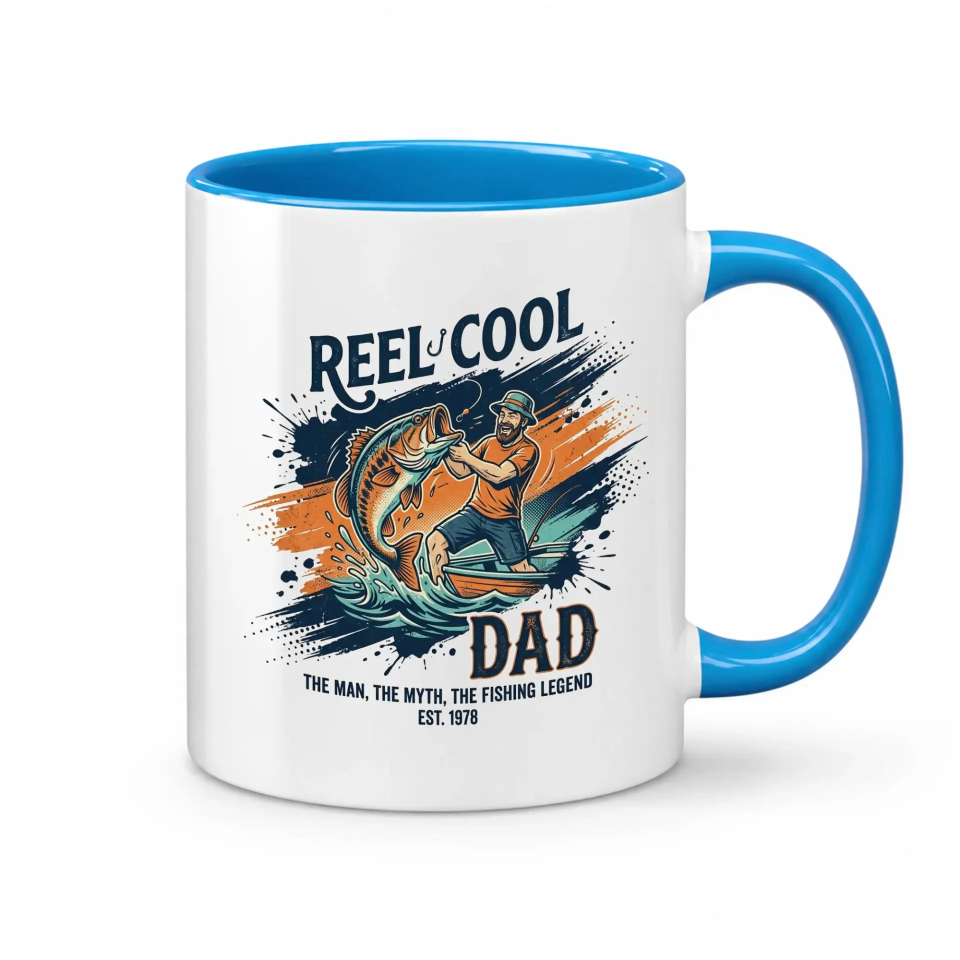 Reel Cool Dad Fishing Coffee Mug Featuring Fisherman Graphic and Vintage Style Text for Outdoor Enthusiasts Men