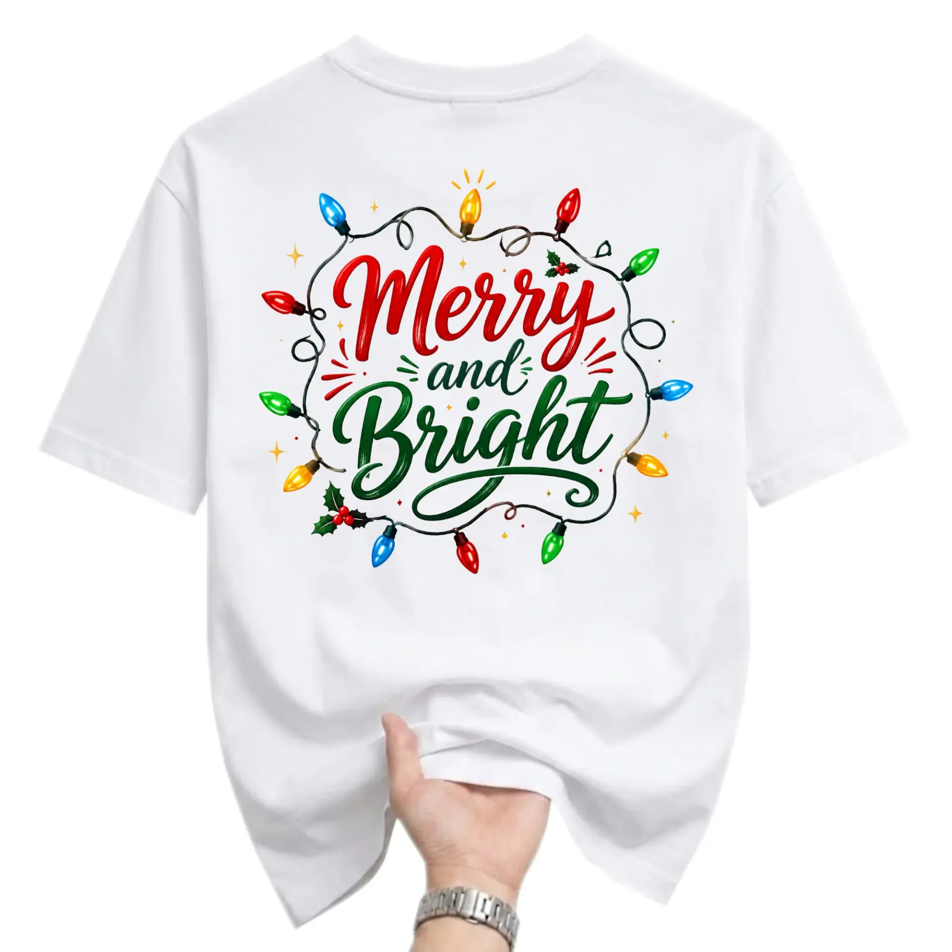 Graphic Tee Merry and Bright Holiday Christmas Lights Design Unisex Crew