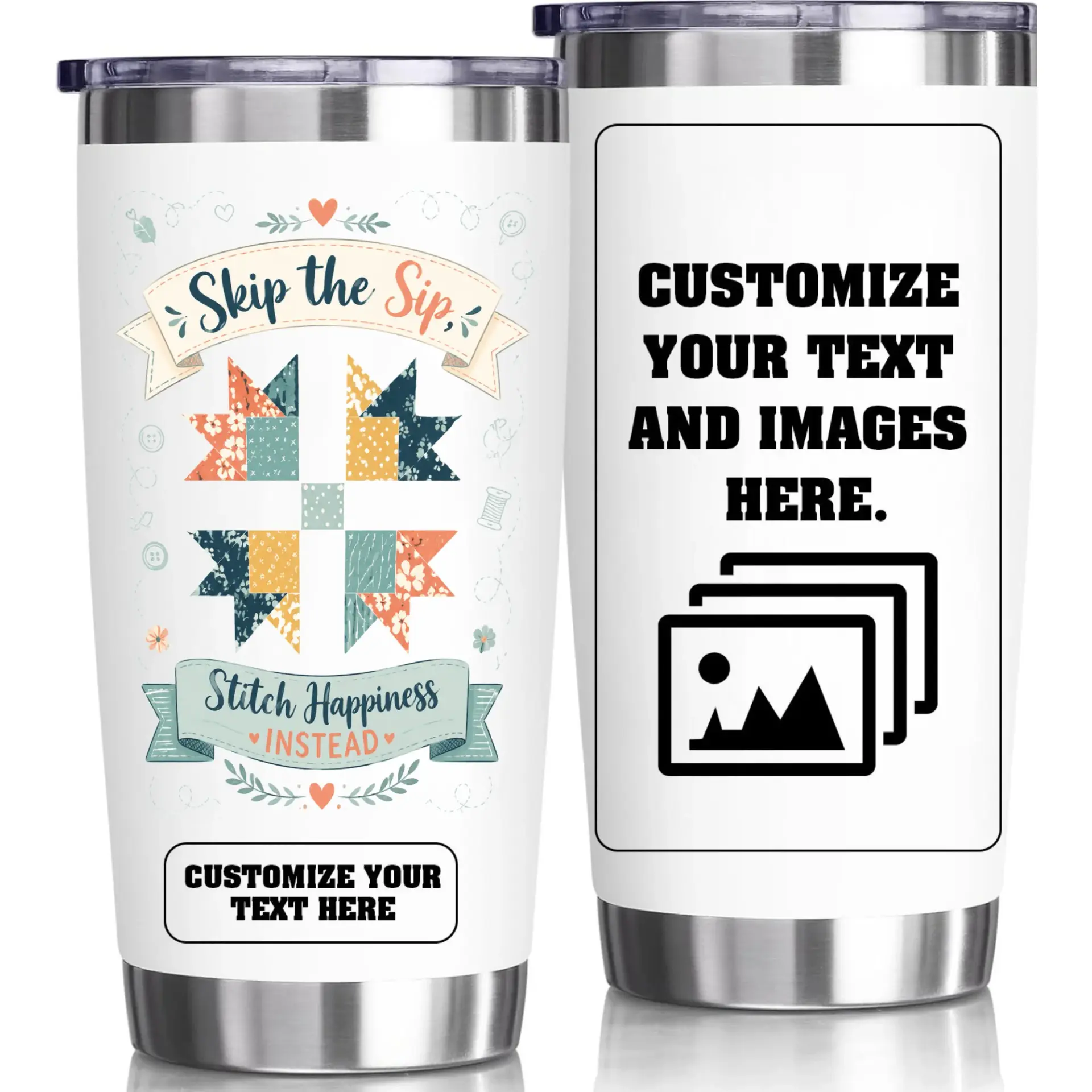 Stainless Steel Tumbler with Quilt Pattern and Customizable Text Space for Personal Expression and Hobbies