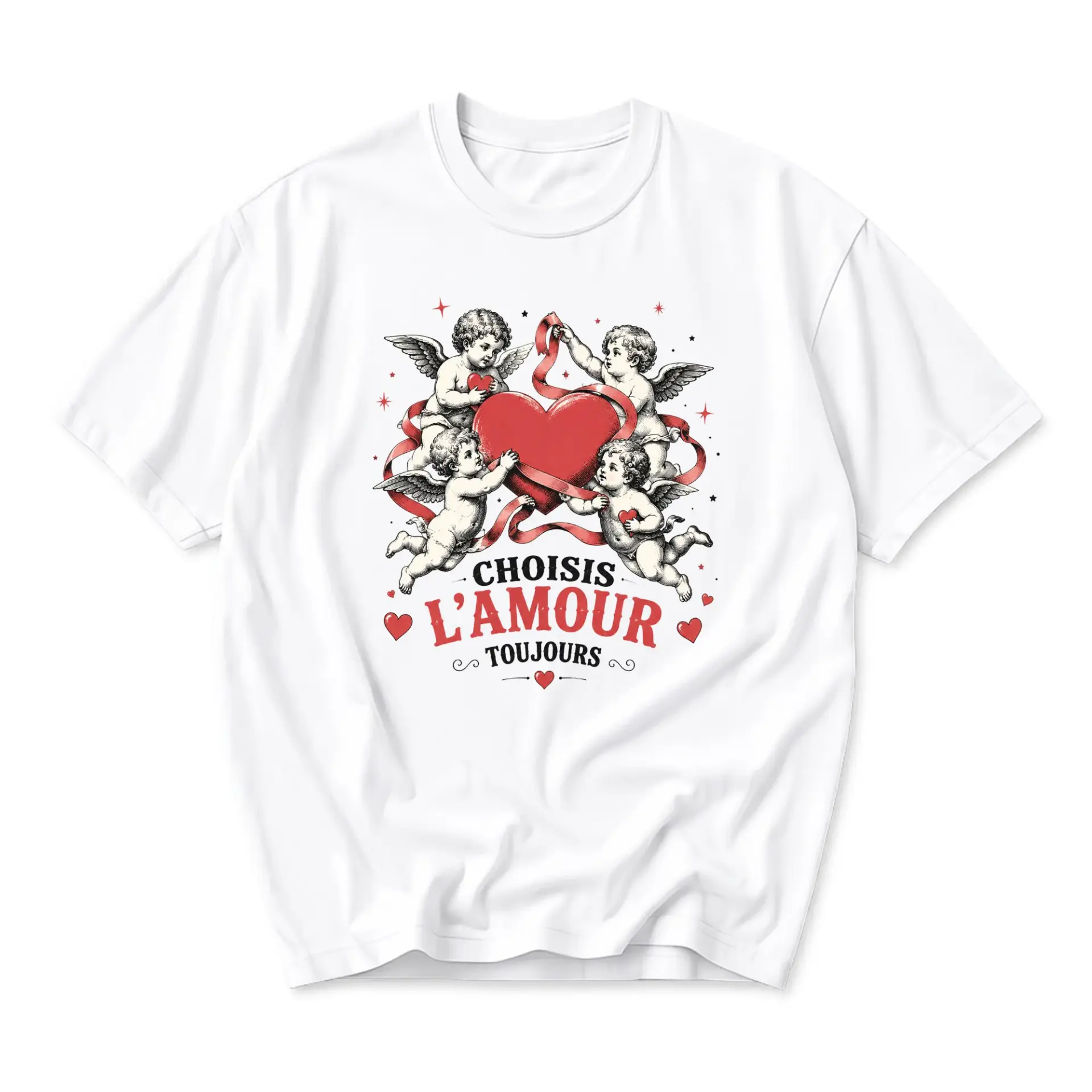 Graphic Tee Unisex Cupid Heart Print Shirt French Quote Choisis L'amour Toujours Casual Short Sleeve Top White