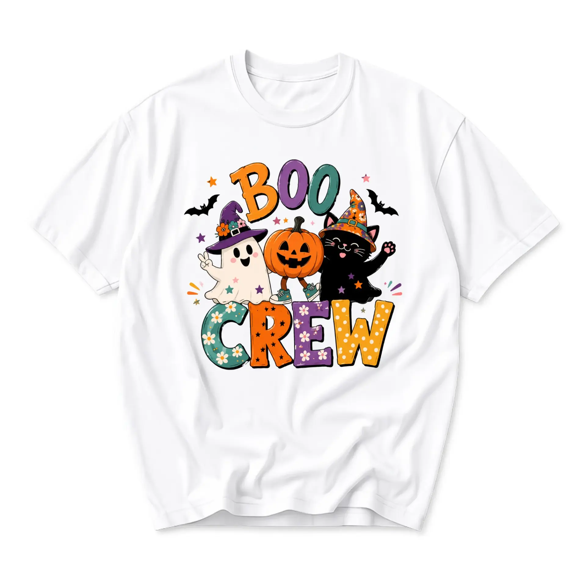 Graphic Tee Boo Crew Halloween Shirt Autumn Fall Season Unisex Casual Crew Neck Short Sleeve Cotton Blend Top