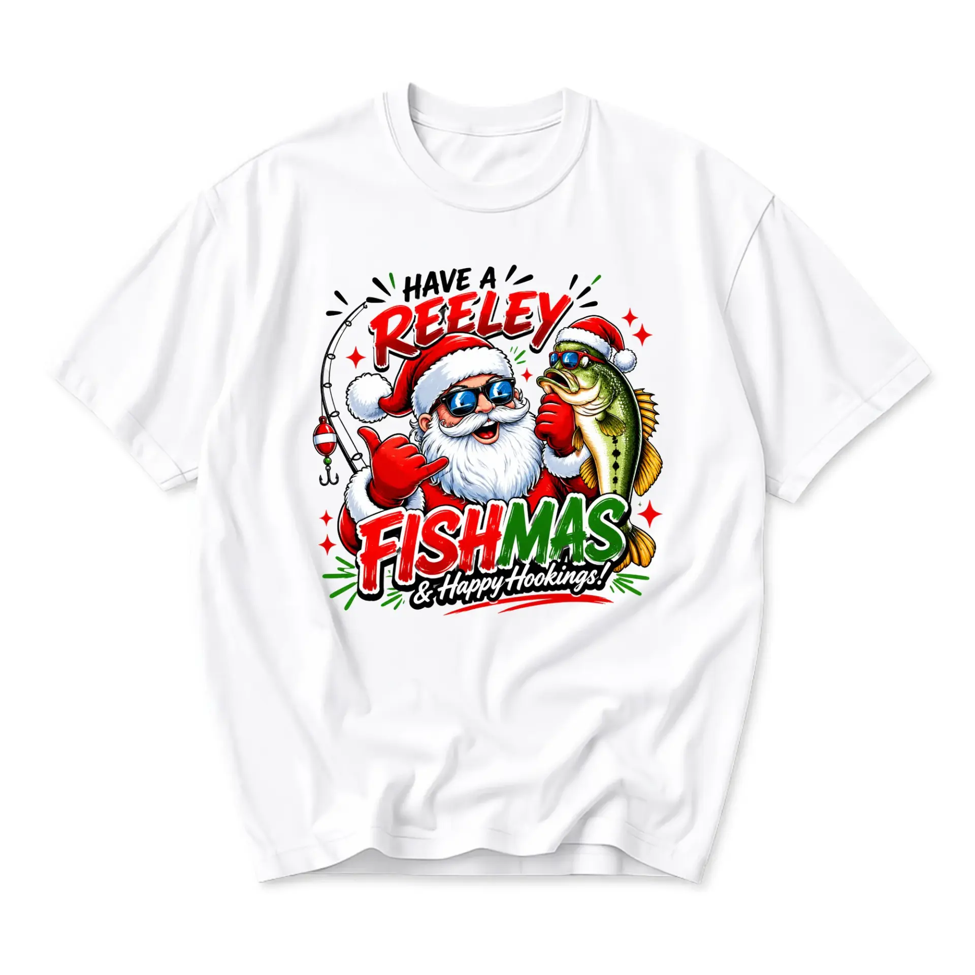 Funny Shirt Christmas Fishing Graphic Tee Holiday Santa Claus Catching Fish Unisex Casual Crew Neck Apparel