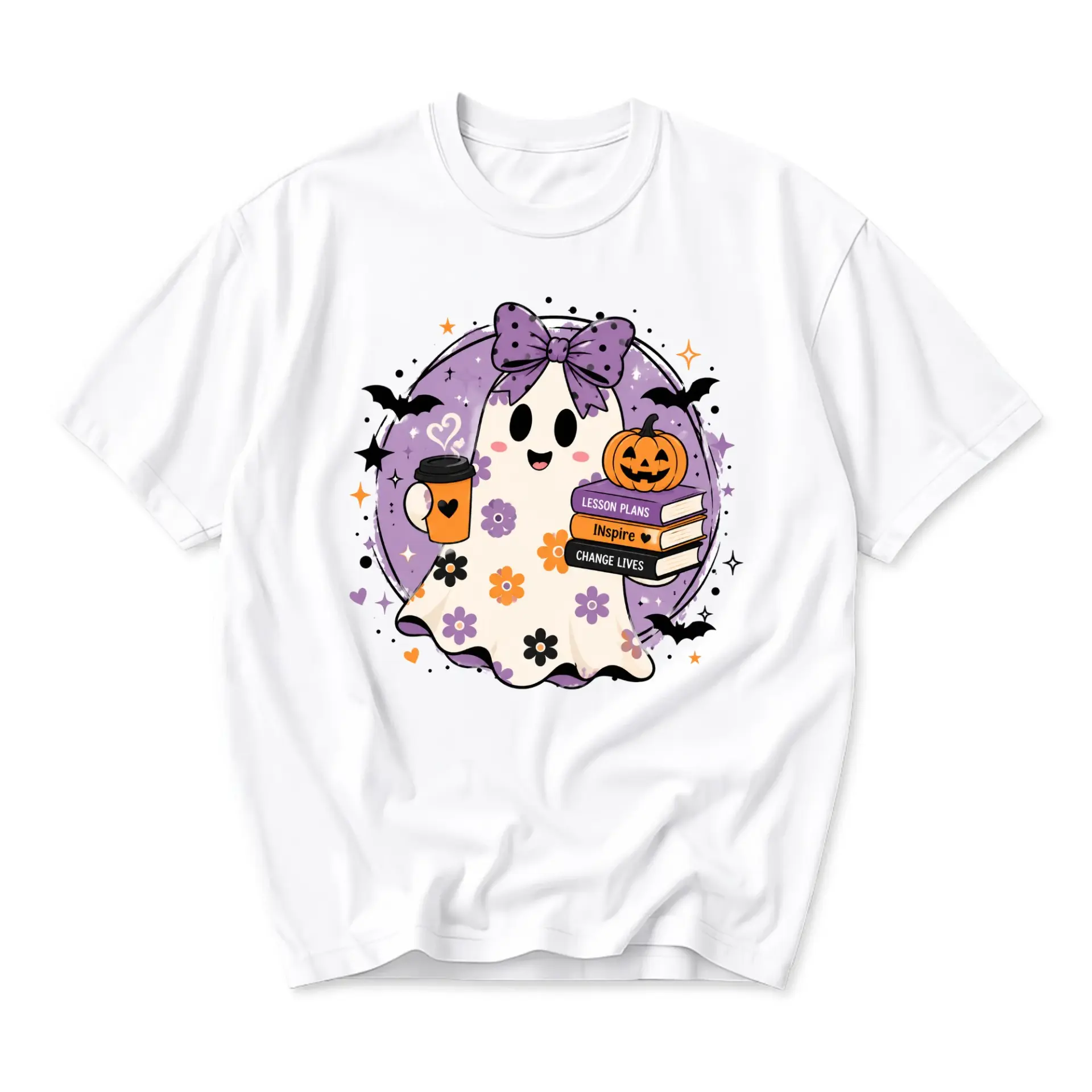 Graphic Tee Cute Halloween Ghost Holding Coffee and Books Floral Pattern Unisex Crew Neck Casual Everyday Shirt