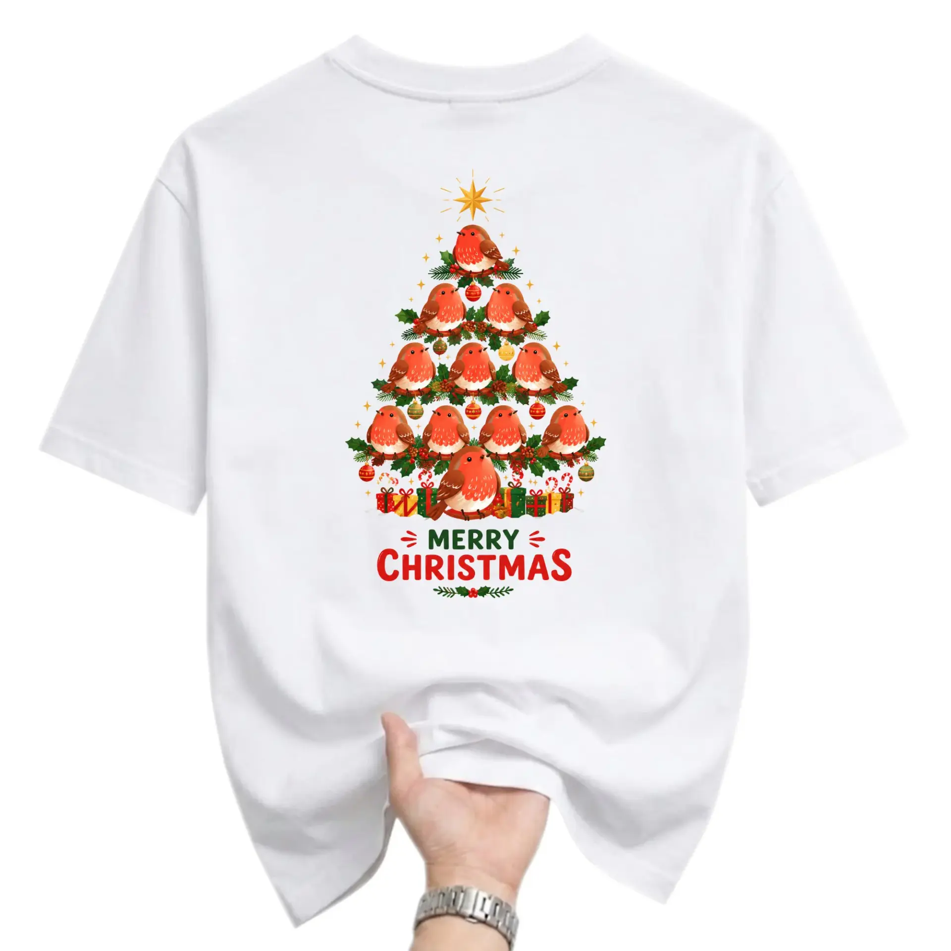 Graphic Tee Christmas Tree with Cute Robin Birds Holiday Season Print Unisex Crew Neck Casual Cotton Shirt