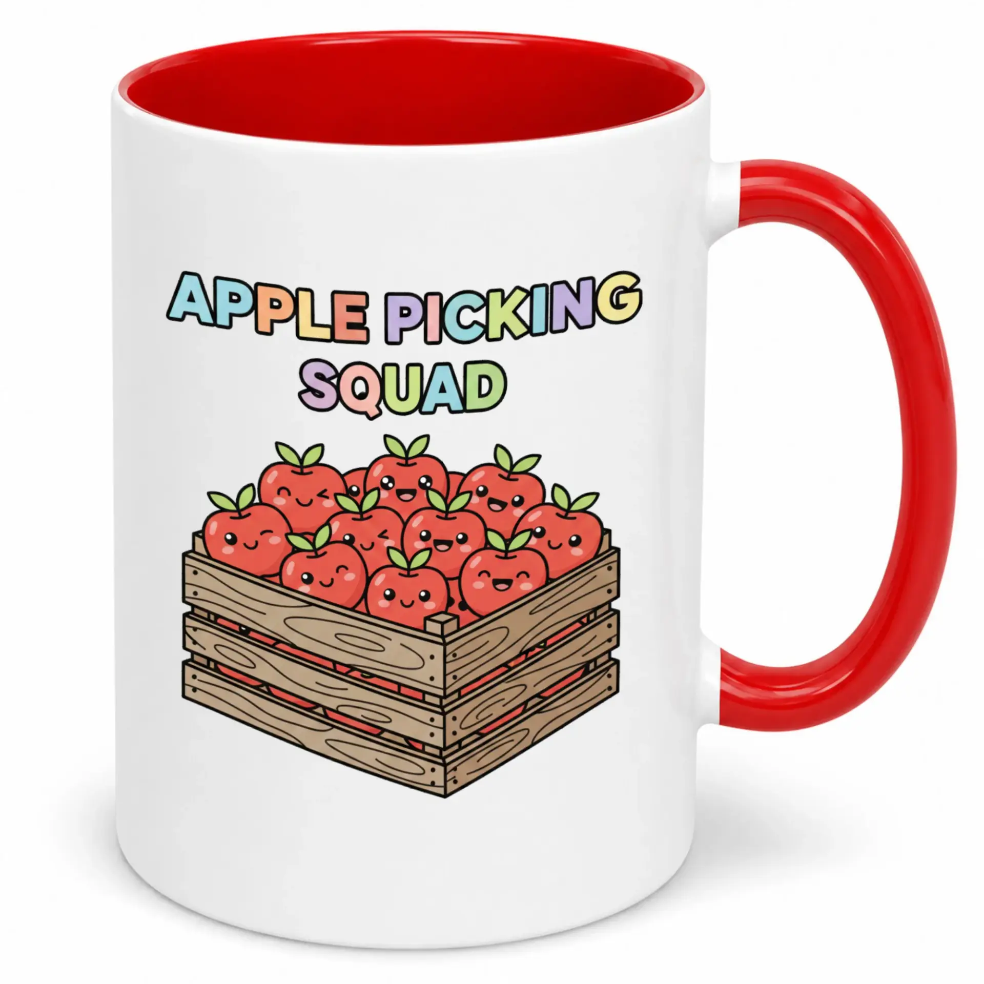 Funny Apple Picking Squad Ceramic Coffee Mug, Cute Cartoon Fruit Design Beverage Cup for Fall Harvest and Autumn Seasons