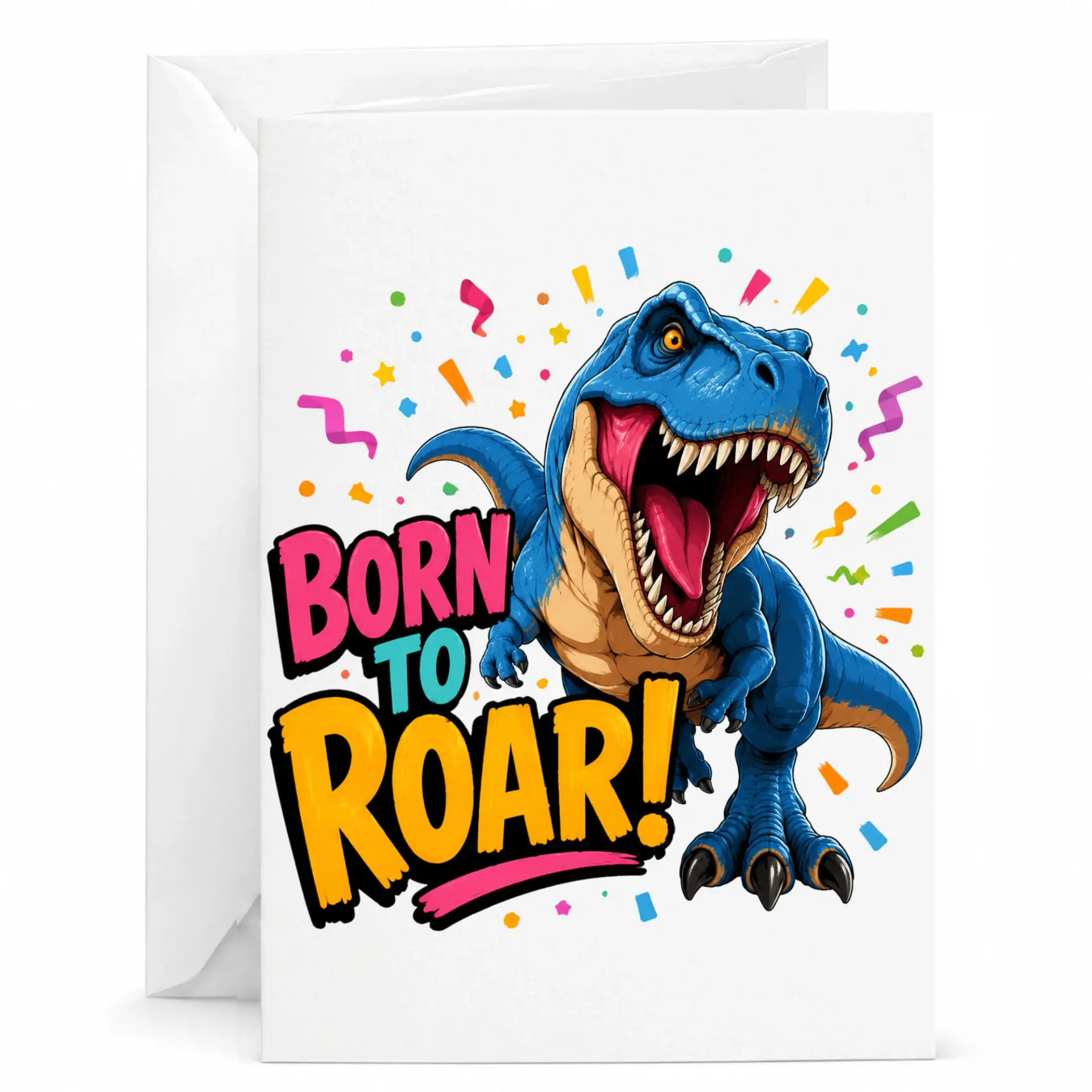 Funny Dinosaur Greeting Card Born to Roar Party Theme Birthday Card for Enthusiasts with Matching White Envelope
