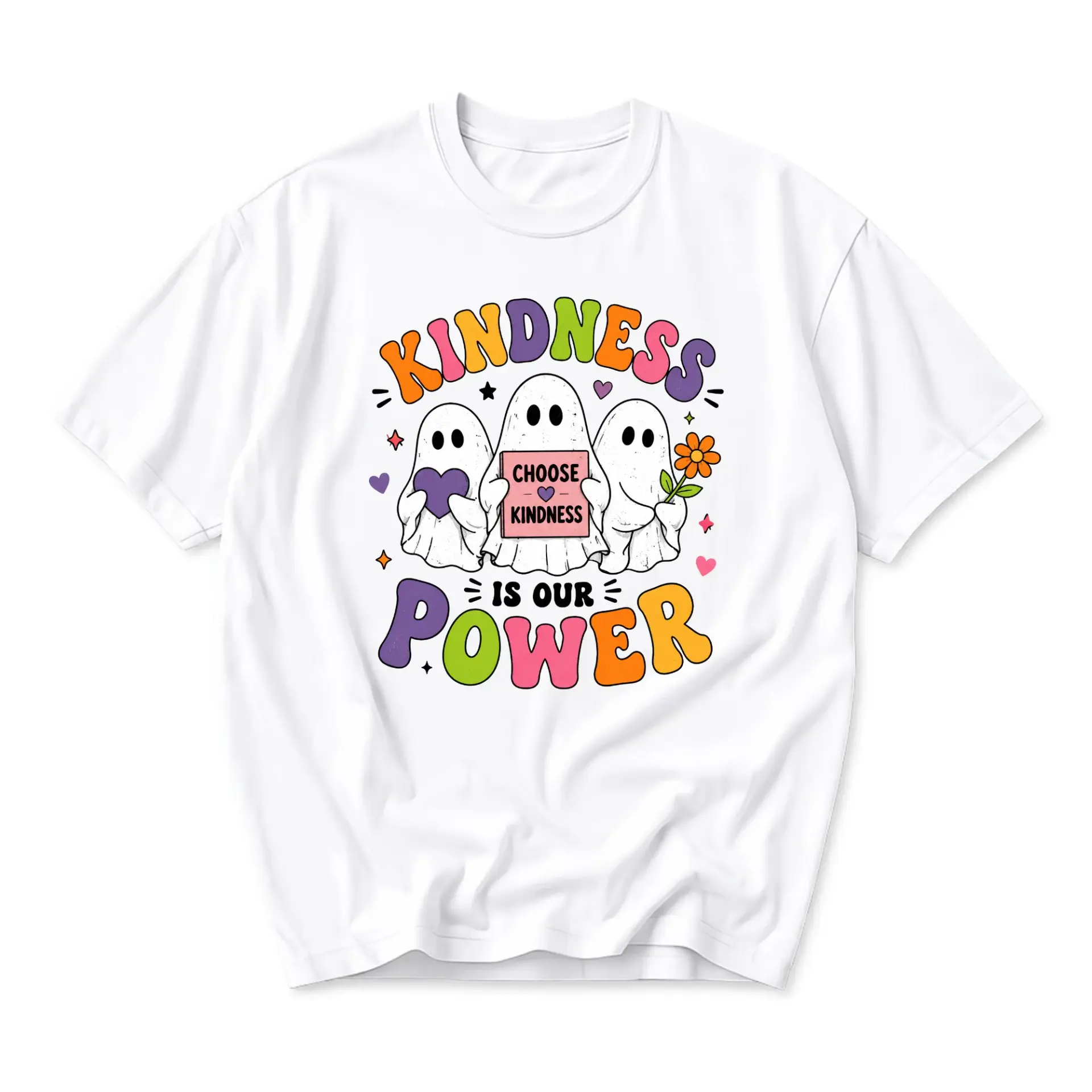 Graphic Tee Kindness Is Our Power Unisex Crew Neck Shirt Featuring Cute Ghost Trio and Retro Colorful Typography