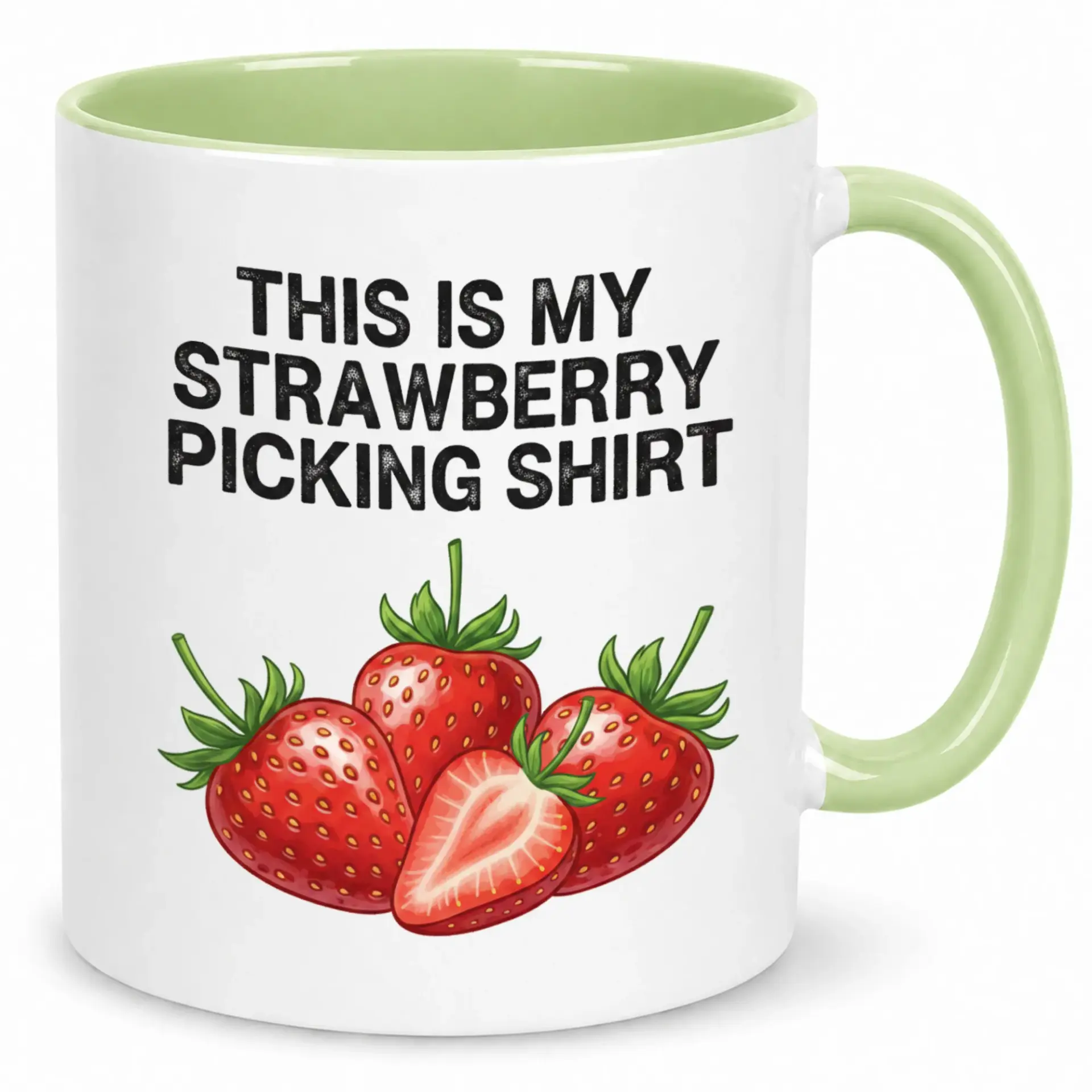 Funny Strawberry Picking Ceramic Coffee Mug with Green Handle and Interior, Novelty Fruit Harvest Theme Beverage Cup Gift