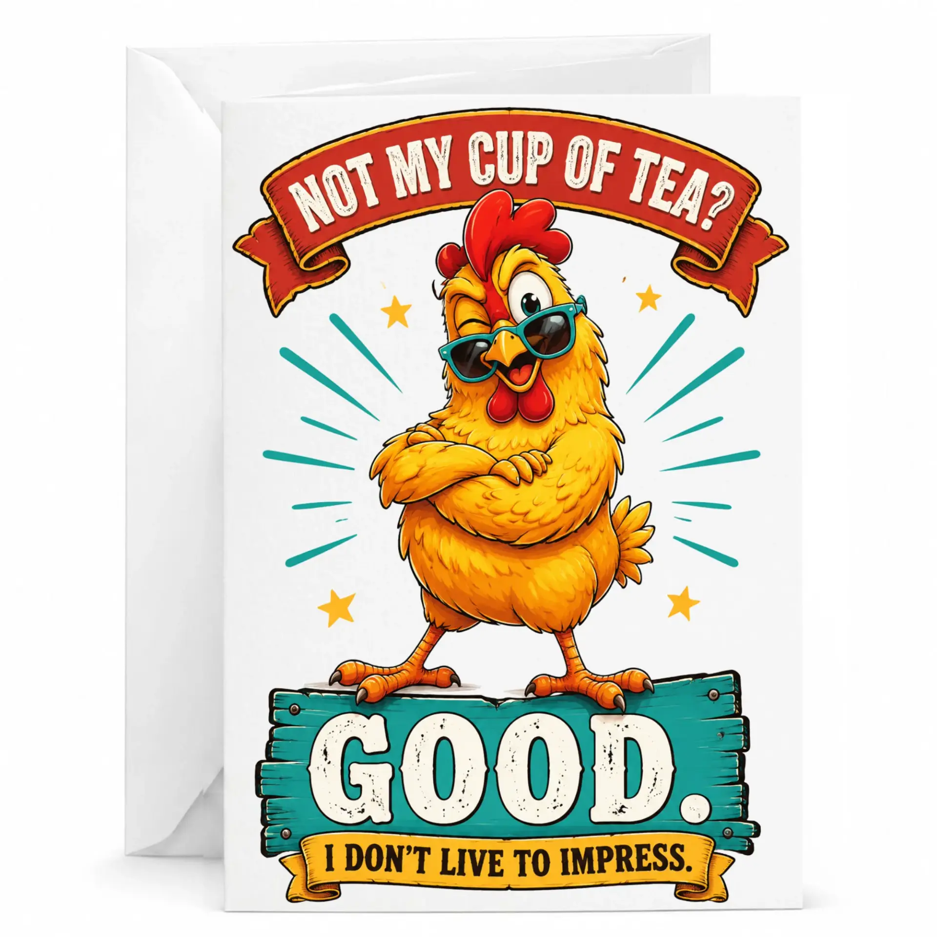 Funny Chicken Greeting Card Not My Cup of Tea Sarcastic Humorous Design Folded for Friends and Family