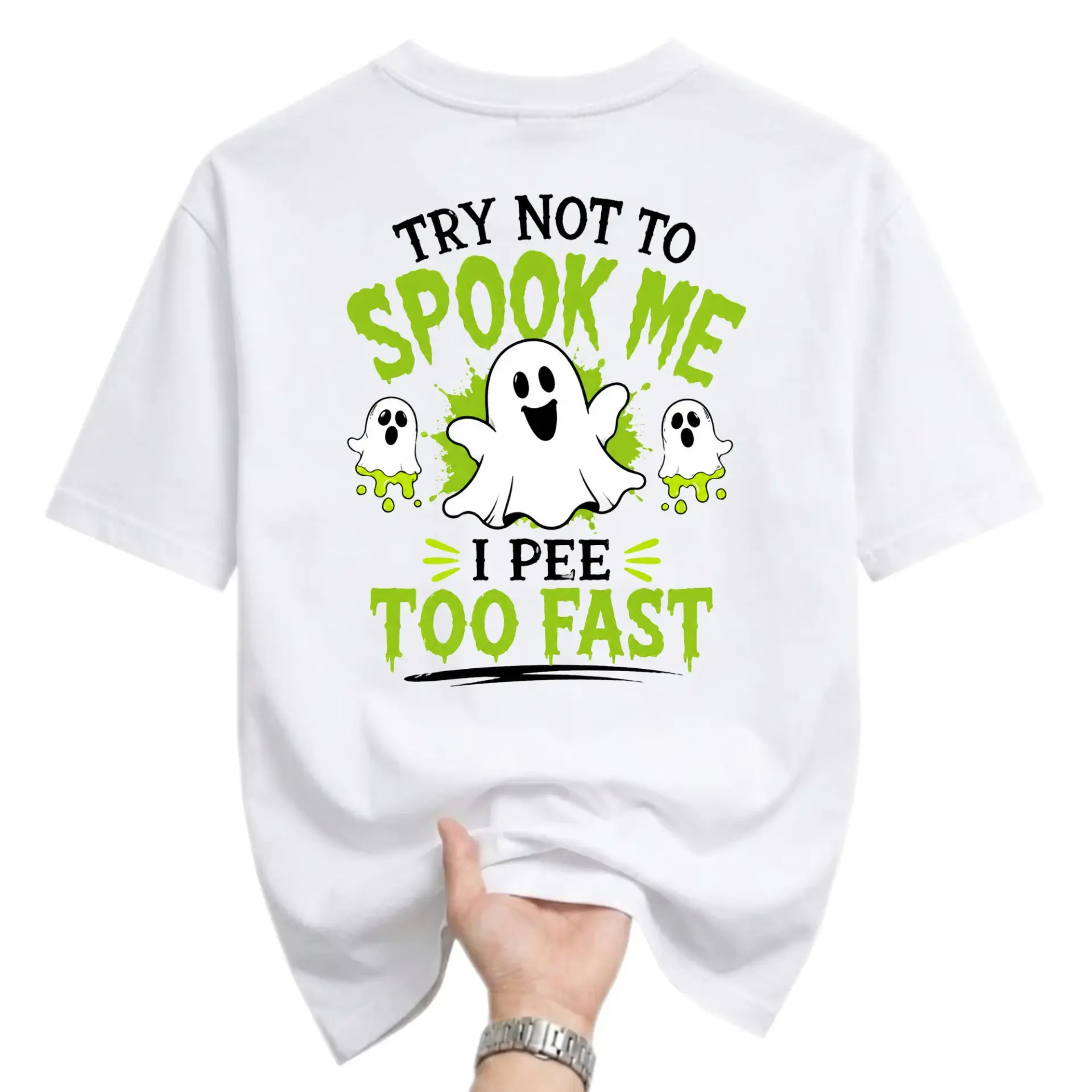 Funny Shirt Try Not to Spook Me I Pee Too Fast Graphic Tee Humorous Ghost Design Casual Unisex Crew Neck T-Shirt