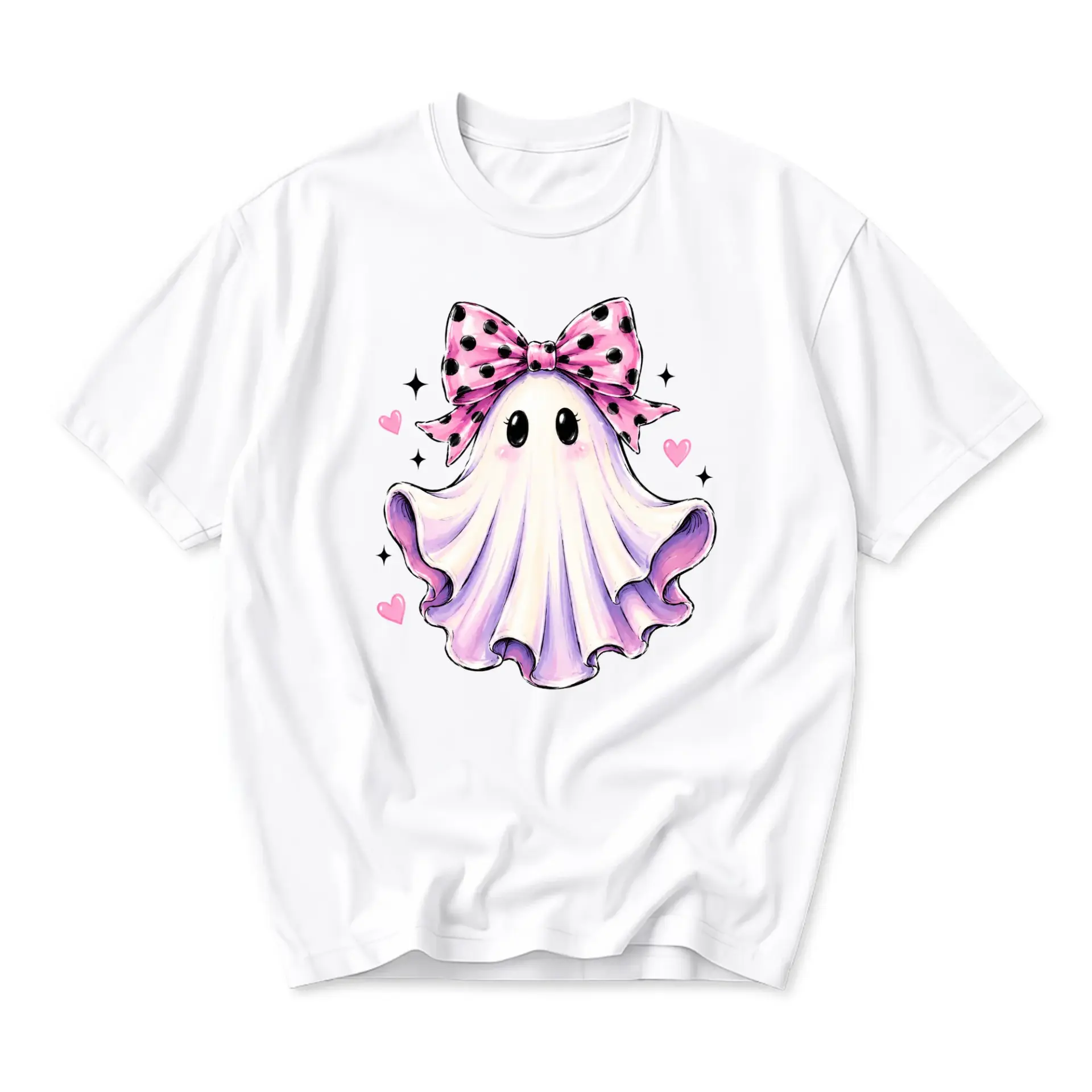 Graphic Tee Cute Ghost with Pink Polka Dot Bow Unisex Casual Short Sleeve Crew Neck Cotton Blend Shirt Aesthetic Top