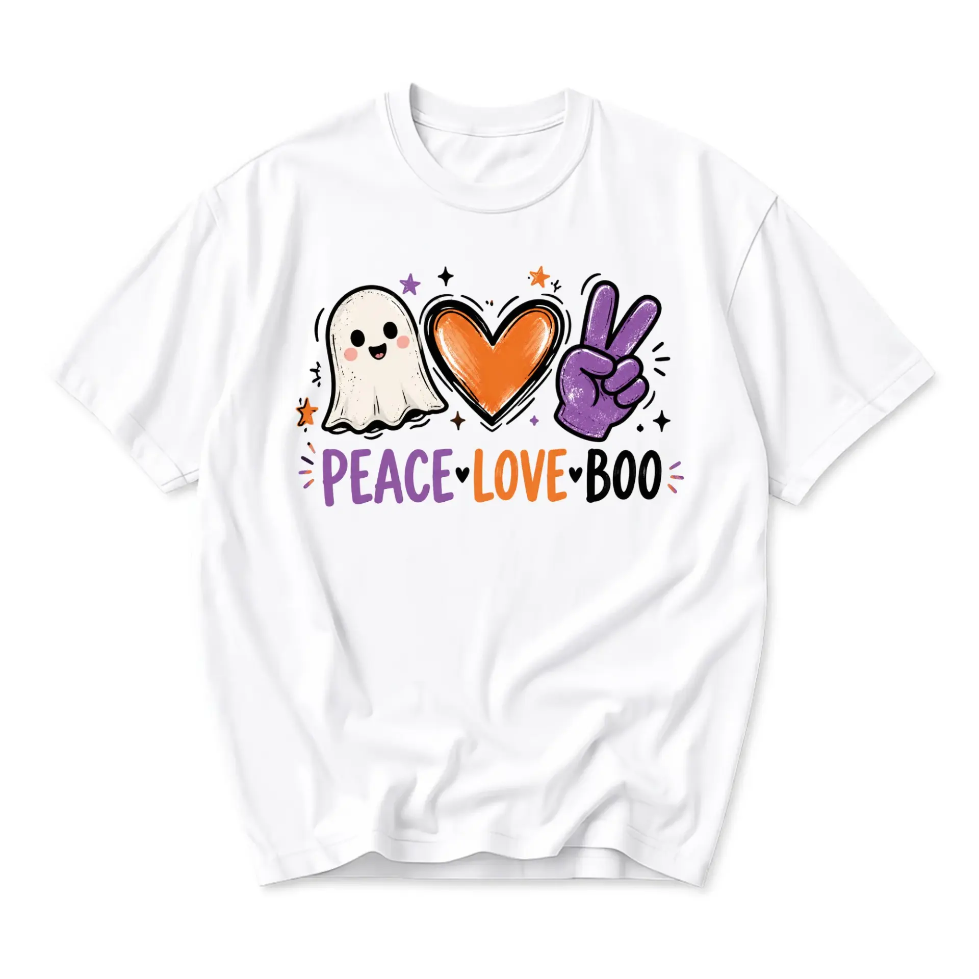 Graphic Tee Peace Love Boo Fall Seasonal Apparel Unisex Crew Neck Short Sleeve Shirt for Casual Daily Wear