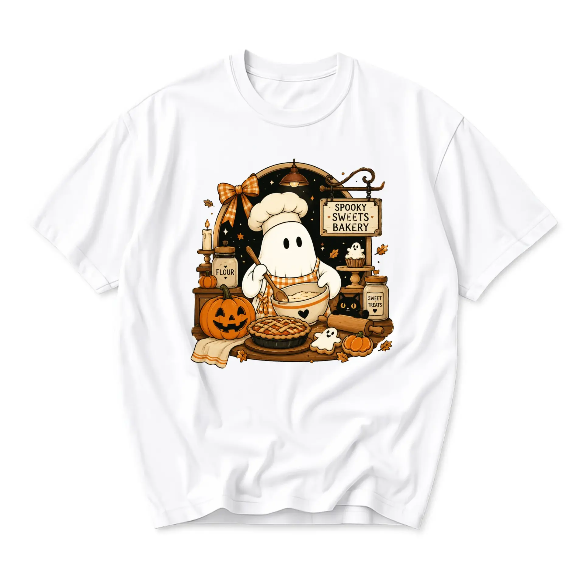 Graphic Tee Spooky Sweets Bakery Ghost Baking Pumpkin Unisex Cotton Crew Neck Casual Short Sleeve Apparel White