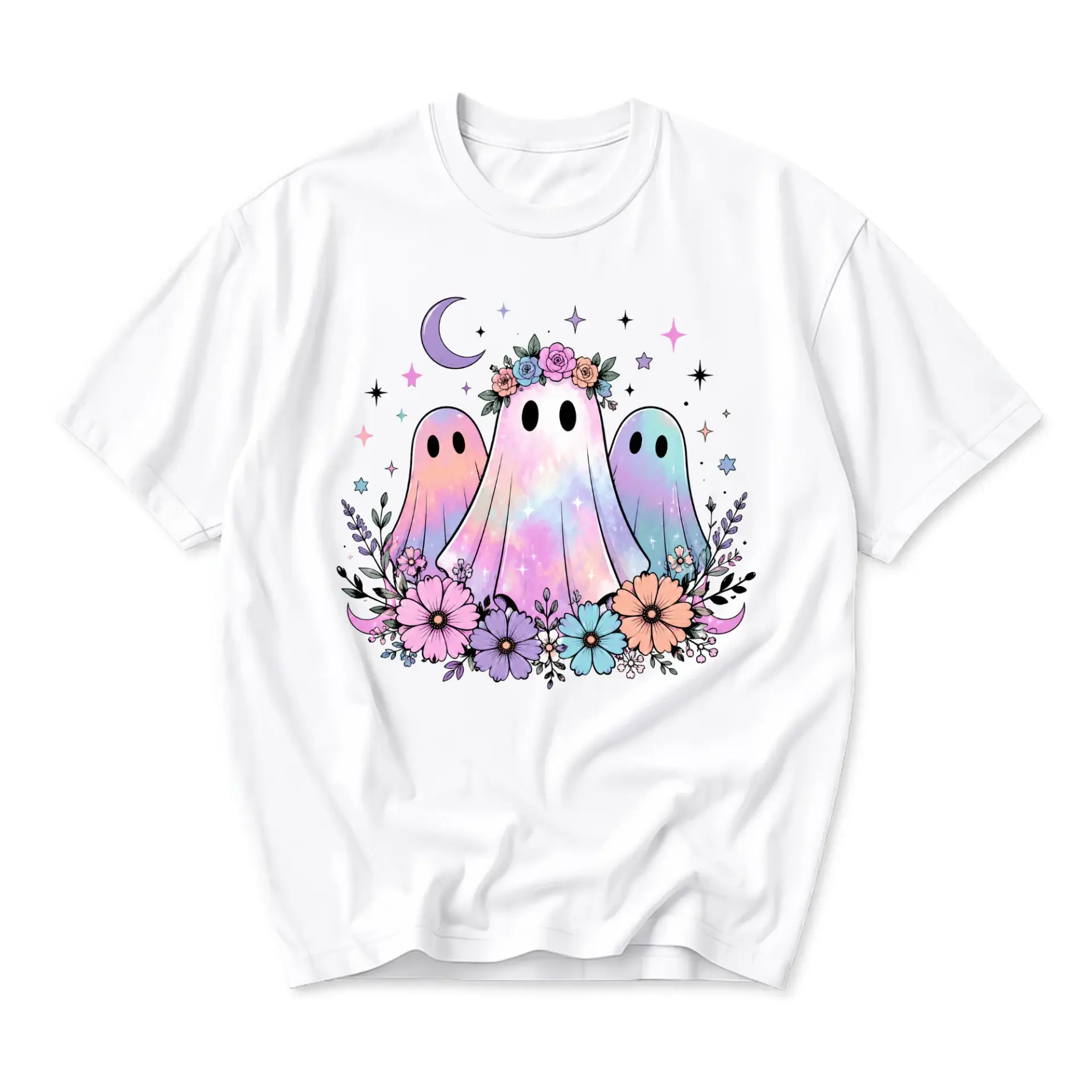 Graphic Tee Unisex Crew Neck Short Sleeve Shirt Featuring Pastel Galaxy Ghost Trio with Floral Crown Illustration