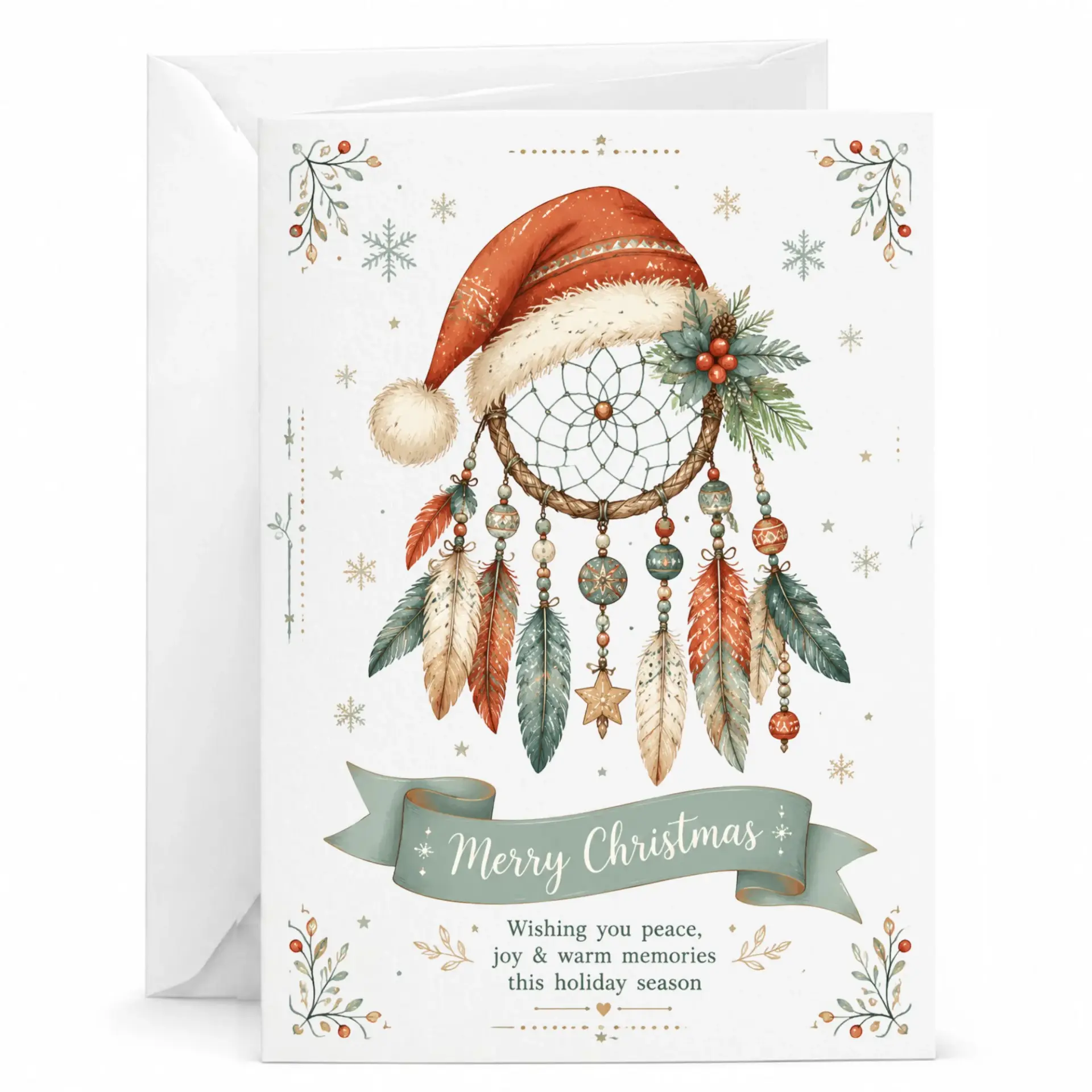 Greeting Card Merry Christmas Holiday Dreamcatcher Design Featuring Santa Hat Illustration and Festive Seasonal Sentiment