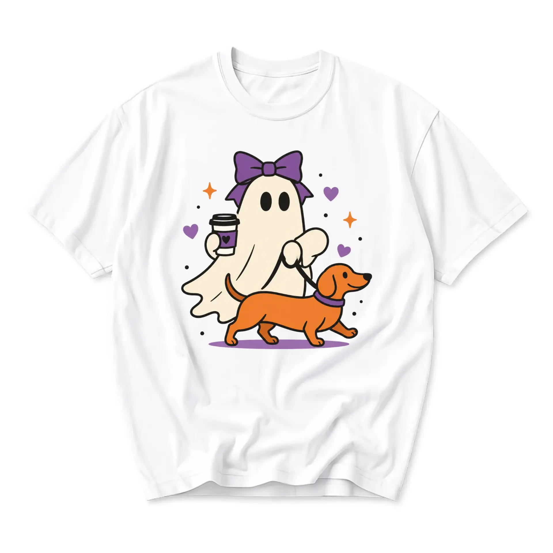 Graphic Tee Unisex Crew Neck T-Shirt Featuring a Cute Ghost Walking a Dachshund Dog Holding a Coffee Cup Design