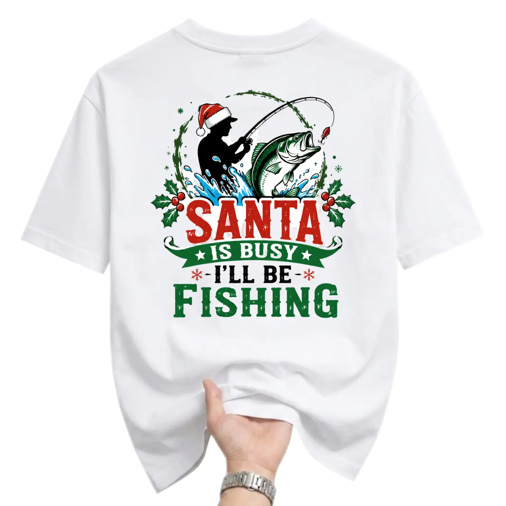 Funny Shirt Santa Is Busy Fishing Graphic Tee Holiday Seasonal Apparel