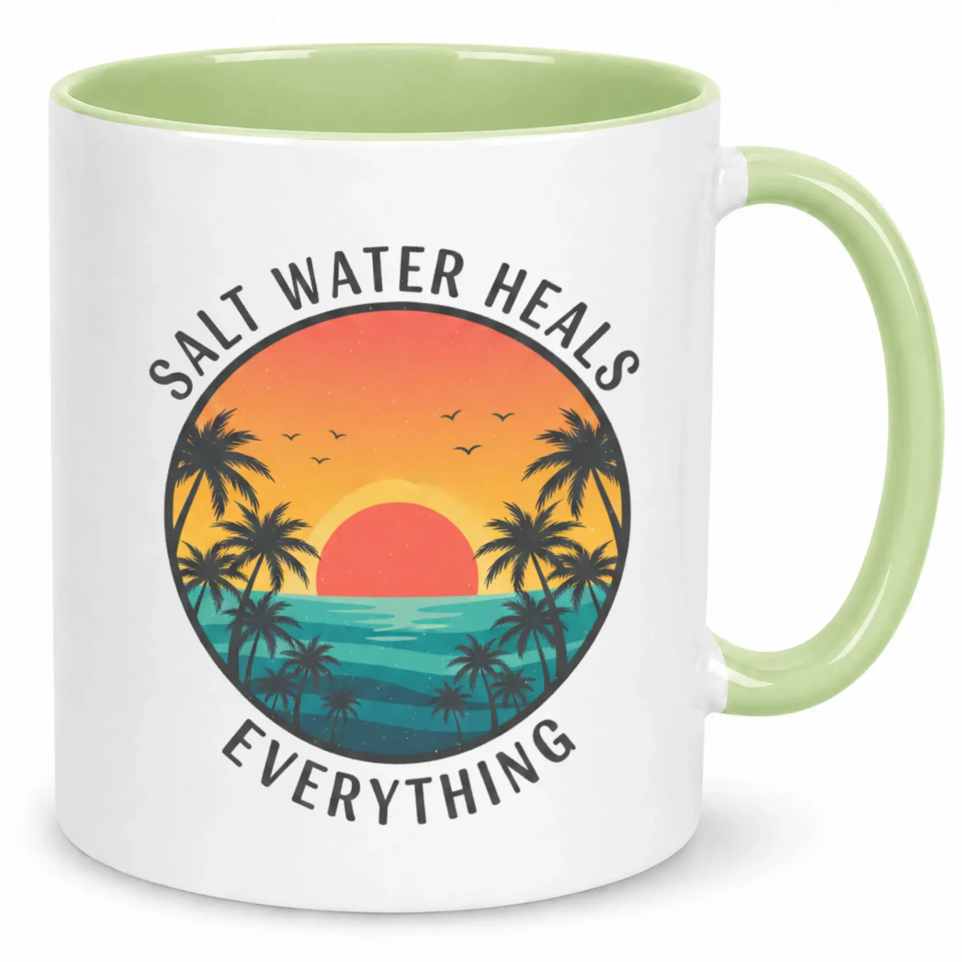Coastal Ceramic Coffee Mug, Salt Water Heals Everything Beach Sunset Design, Palm Tree Ocean Scenery Drinkware for Home Office