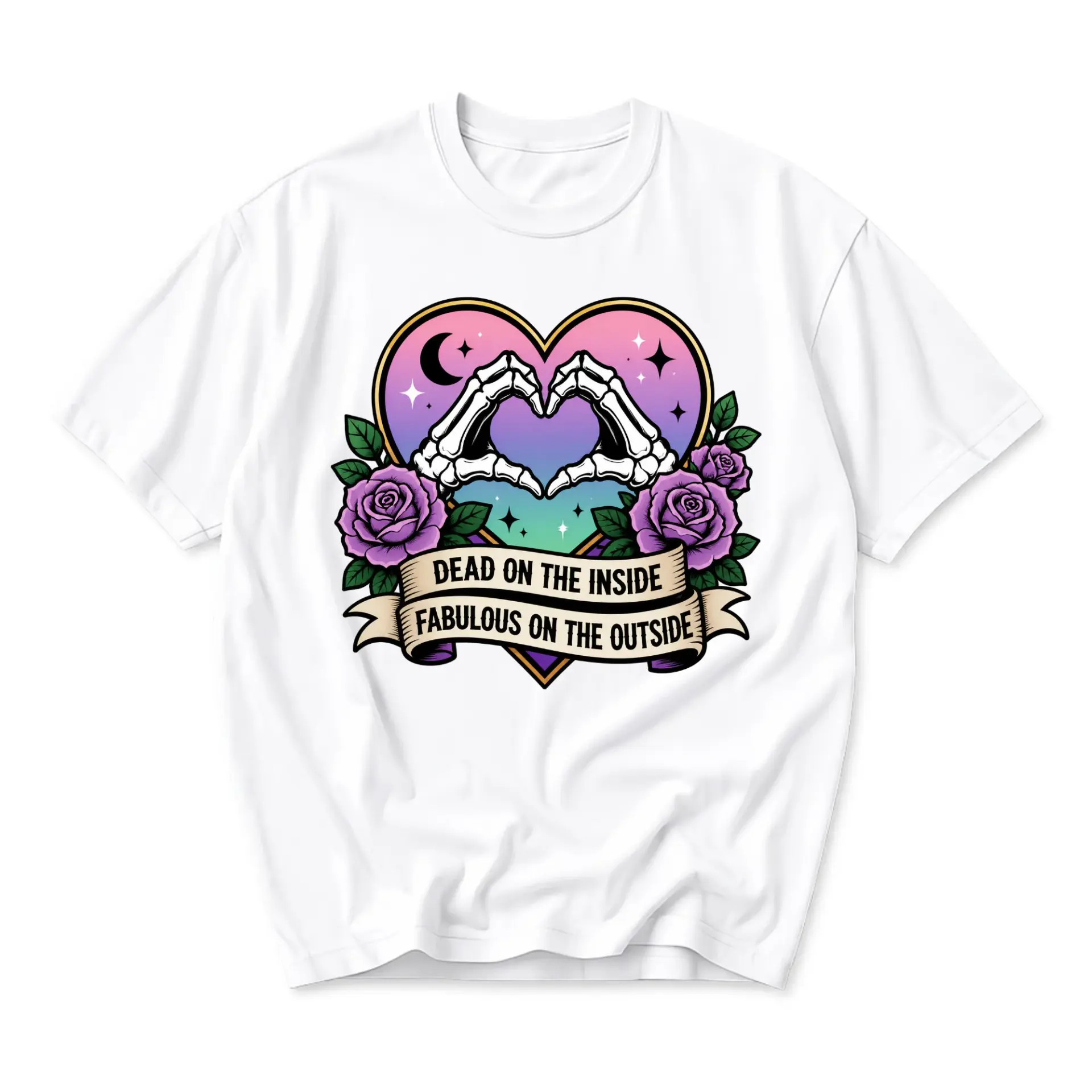 Graphic Tee Unisex Crew Neck T-Shirt with Dead on the Inside Fabulous on the Outside Skeleton Heart Rose Design