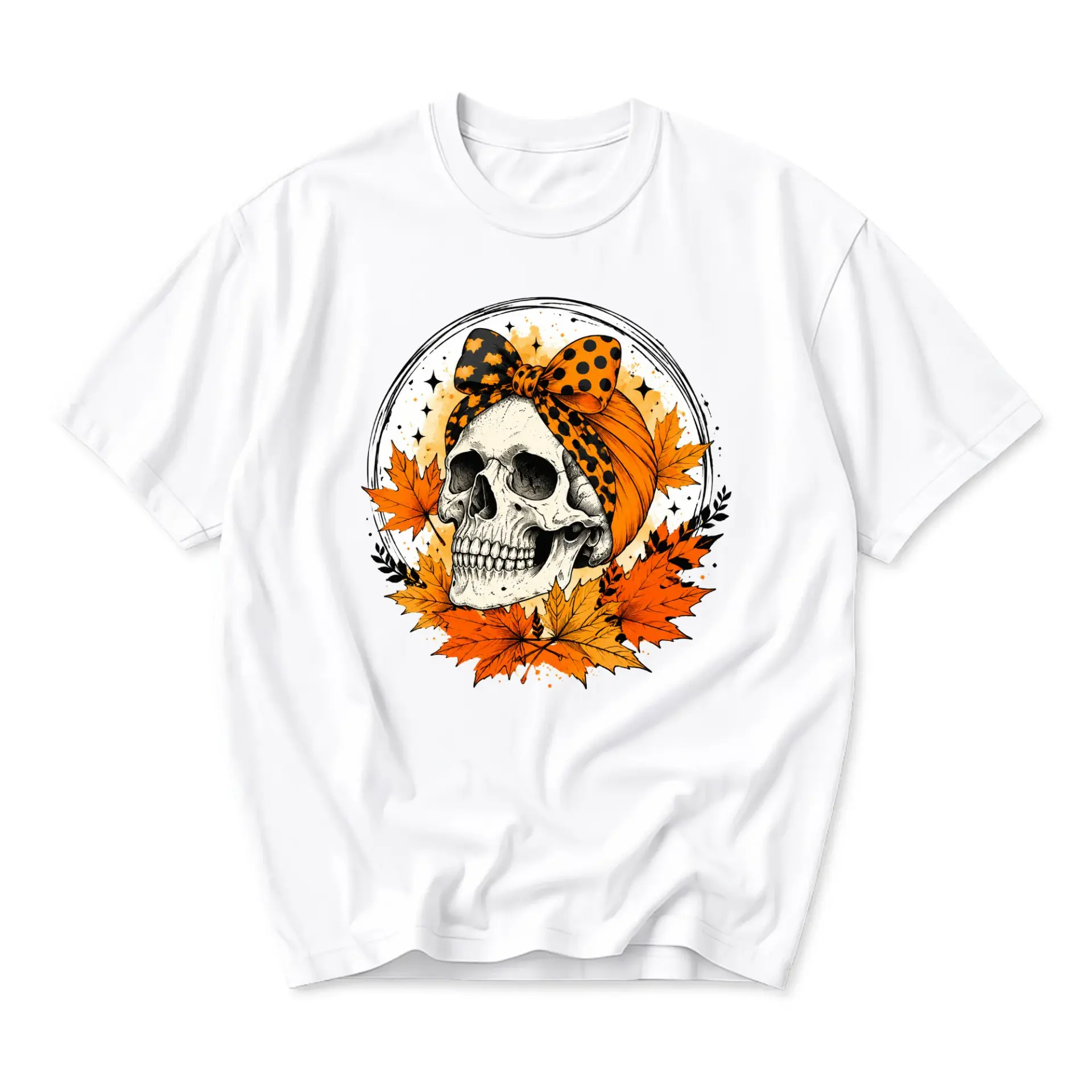 Graphic Tee Autumn Skull with Bow Print Unisex Crew Neck Casual Everyday Shirt for Fall Season Style Lovers