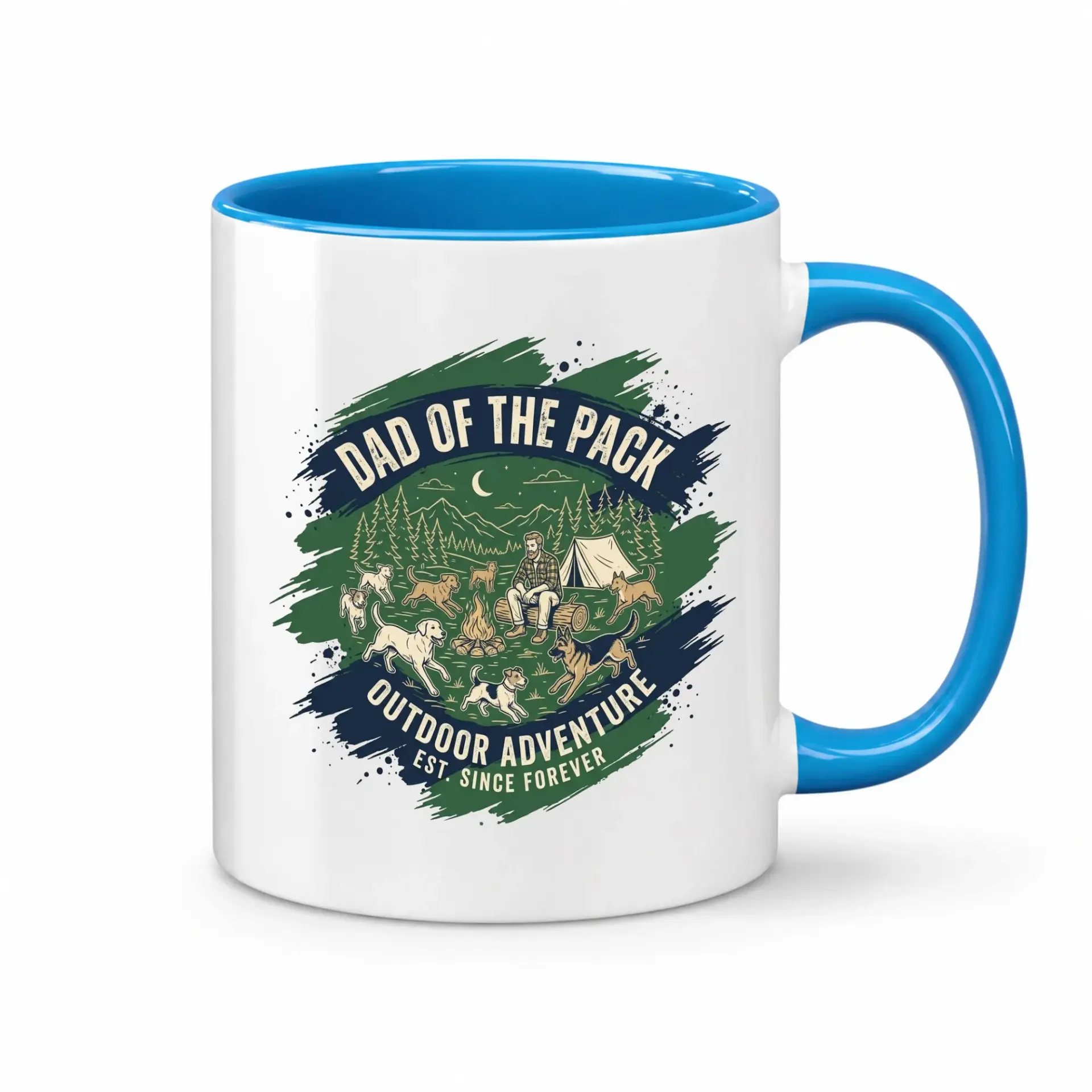 Dad of Outdoor Adventure Mug Ceramic Coffee Cup with Blue Handle for Camping and Hiking Enthusiast Drinkware