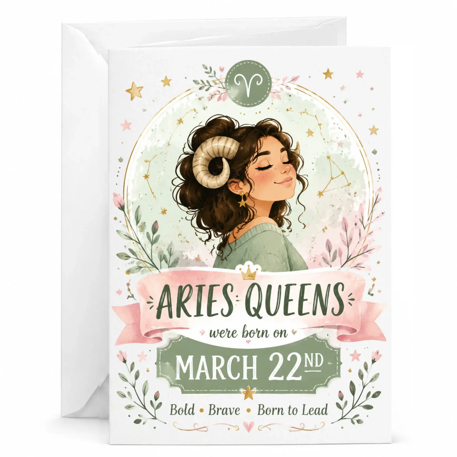 Aries Queen Greeting Card Featuring Zodiac Astrological Illustration and Beautiful Floral Accents for Her Birthday