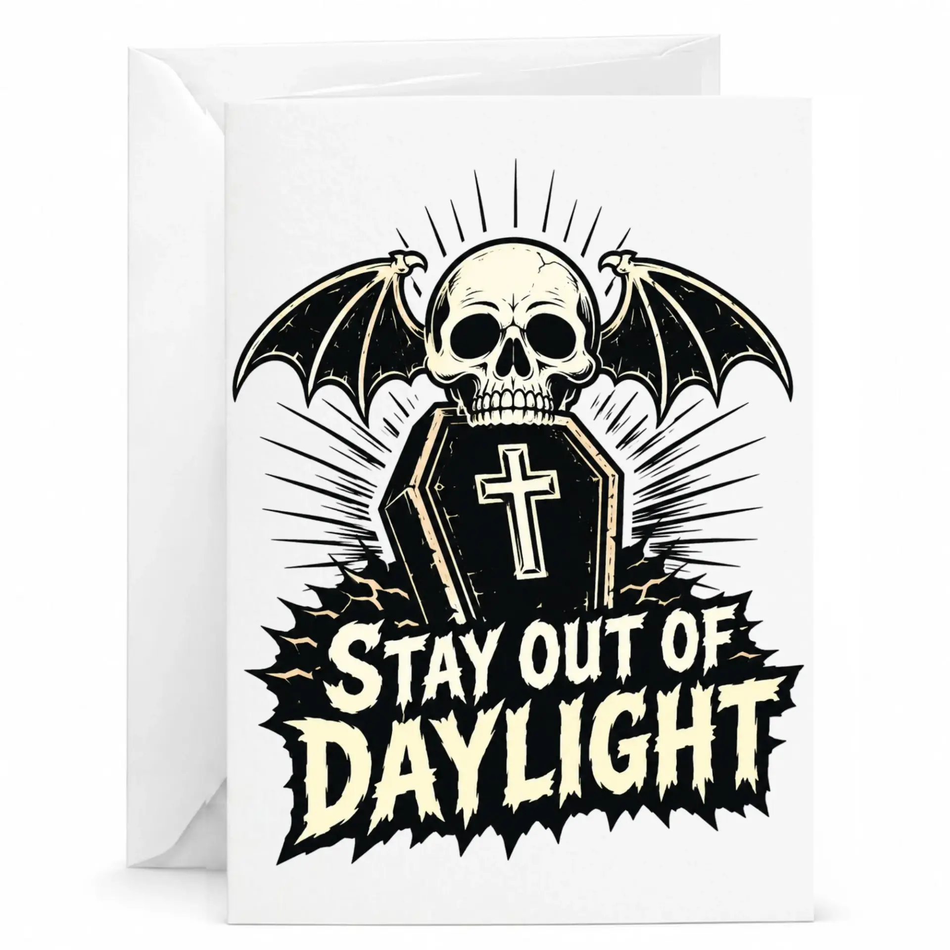Funny Gothic Greeting Card Stay Out of Daylight Skull Coffin Art for Alternative Aesthetic Enthusiasts Blank Note