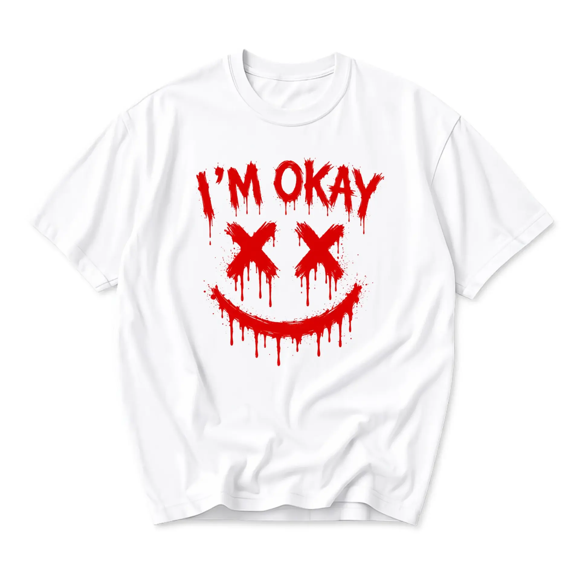 Graphic Tee I'm Okay Drip Smiley Face Expression Print Unisex Casual Crew Neck T-Shirt Soft Cotton Blend Top