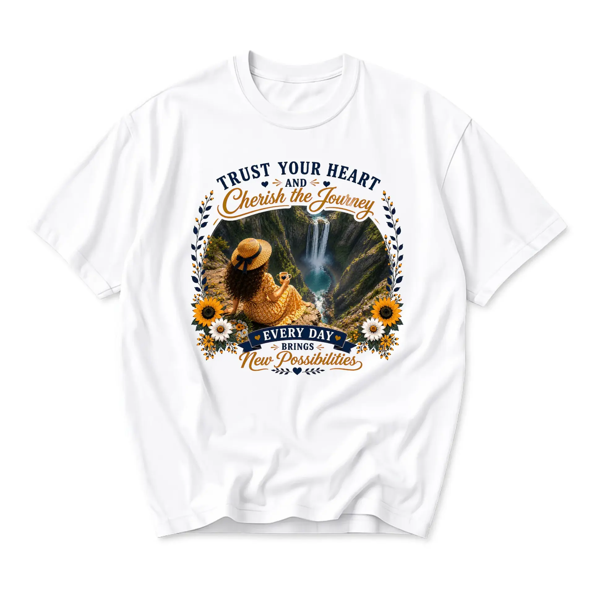 T-shirt Trust Your Heart Graphic Tee Inspirational Waterfall Nature Print Casual Cotton Blend Crew Neck Apparel White