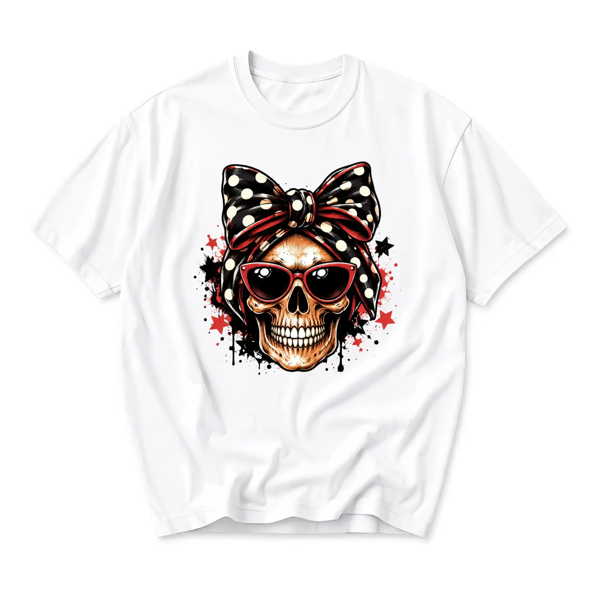 Graphic Tee Unisex Crew Neck T-Shirt Featuring a Skull Wearing a Polka Dot Bow and Retro Sunglasses Print Design