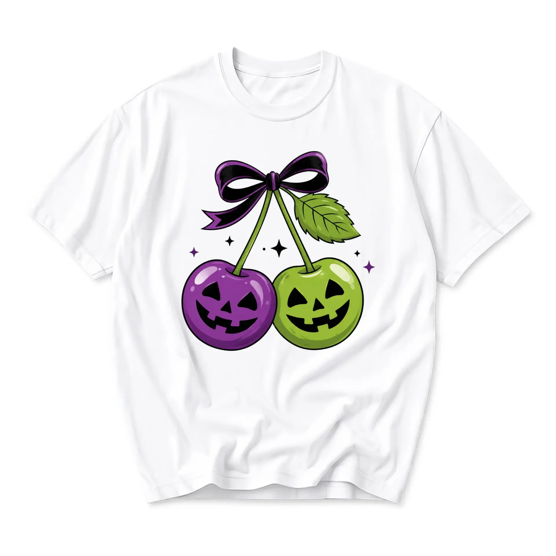 Graphic Tee Unisex Crew Neck T-Shirt Featuring Spooky Halloween Cherry Design with Purple and Green Jack O Lanterns