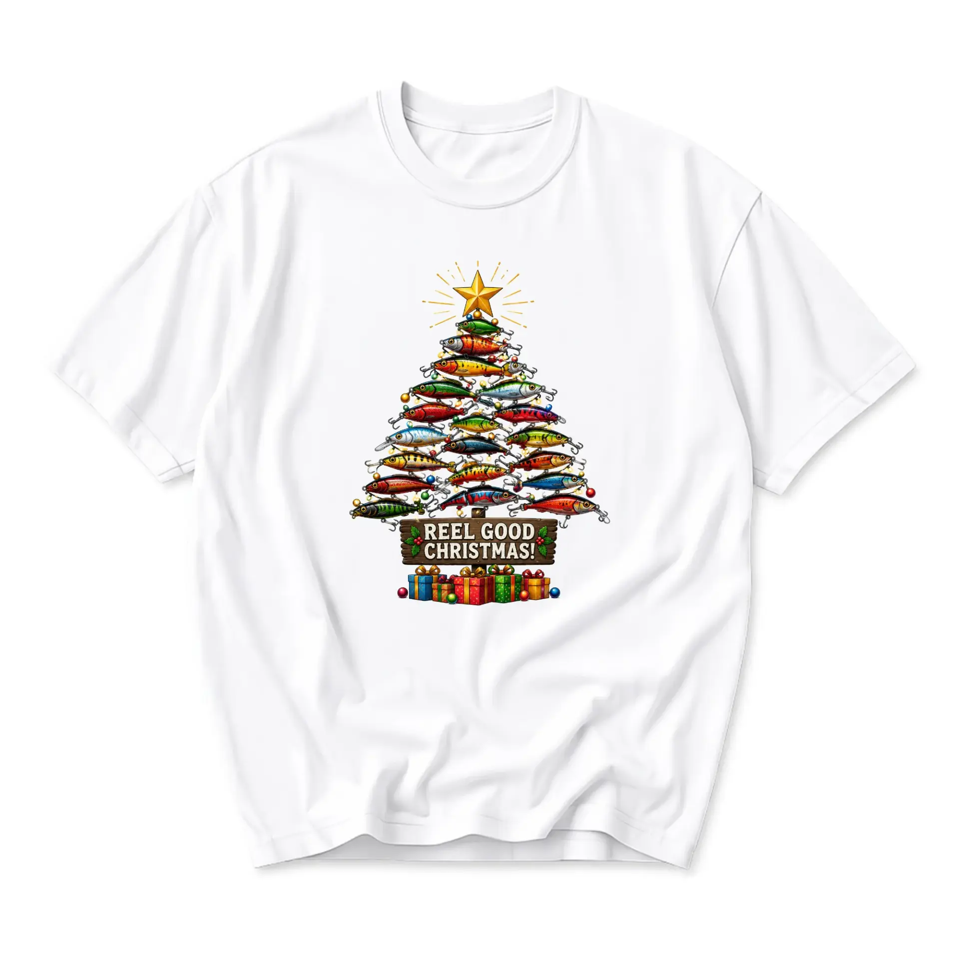 Funny Shirt Reel Good Christmas Fishing Tree Unisex Graphic Printed T-Shirt