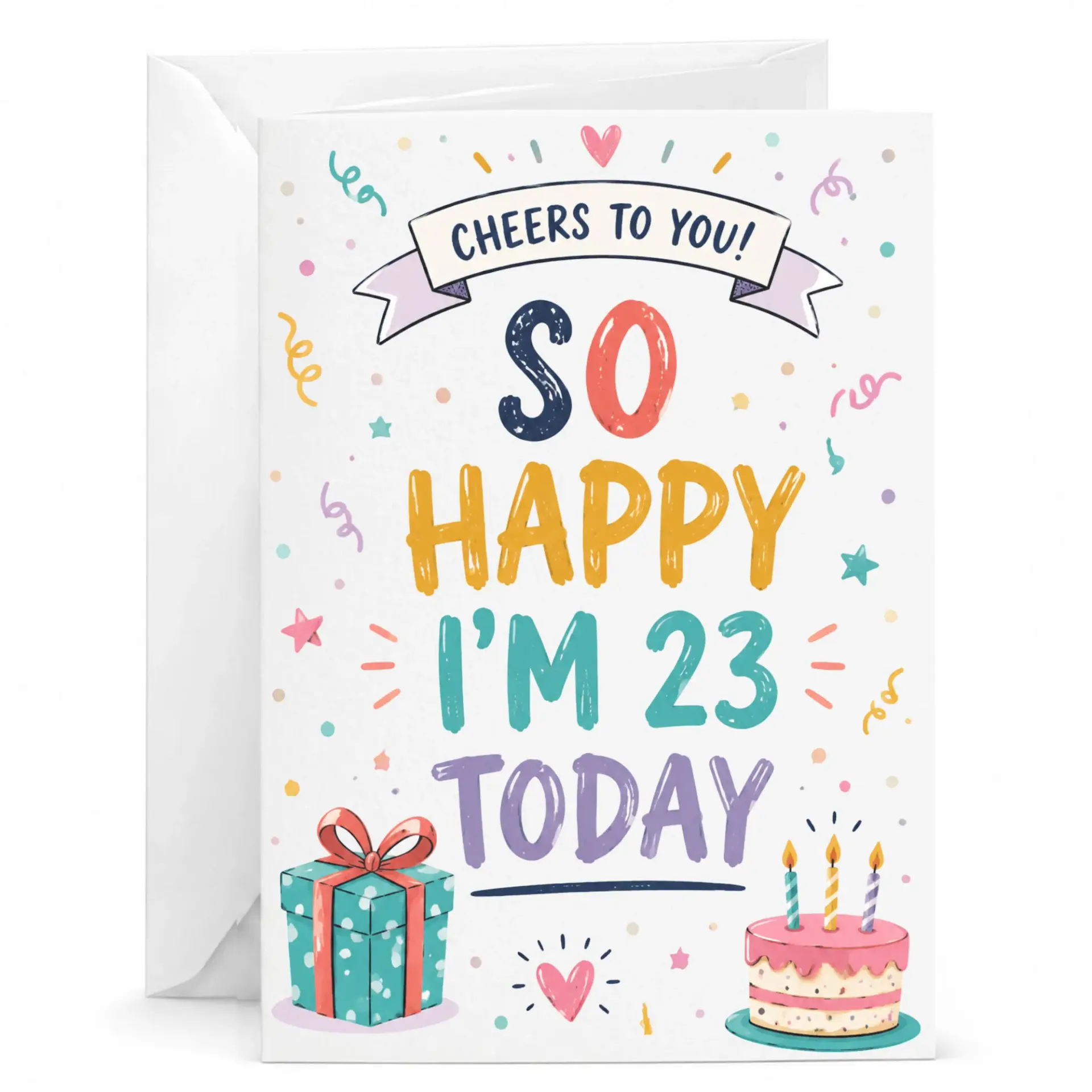 Birthday Card Cheers to You Funny 23rd Birthday Greeting Card for Someone Turning Twenty Three with Gift and Cake Design
