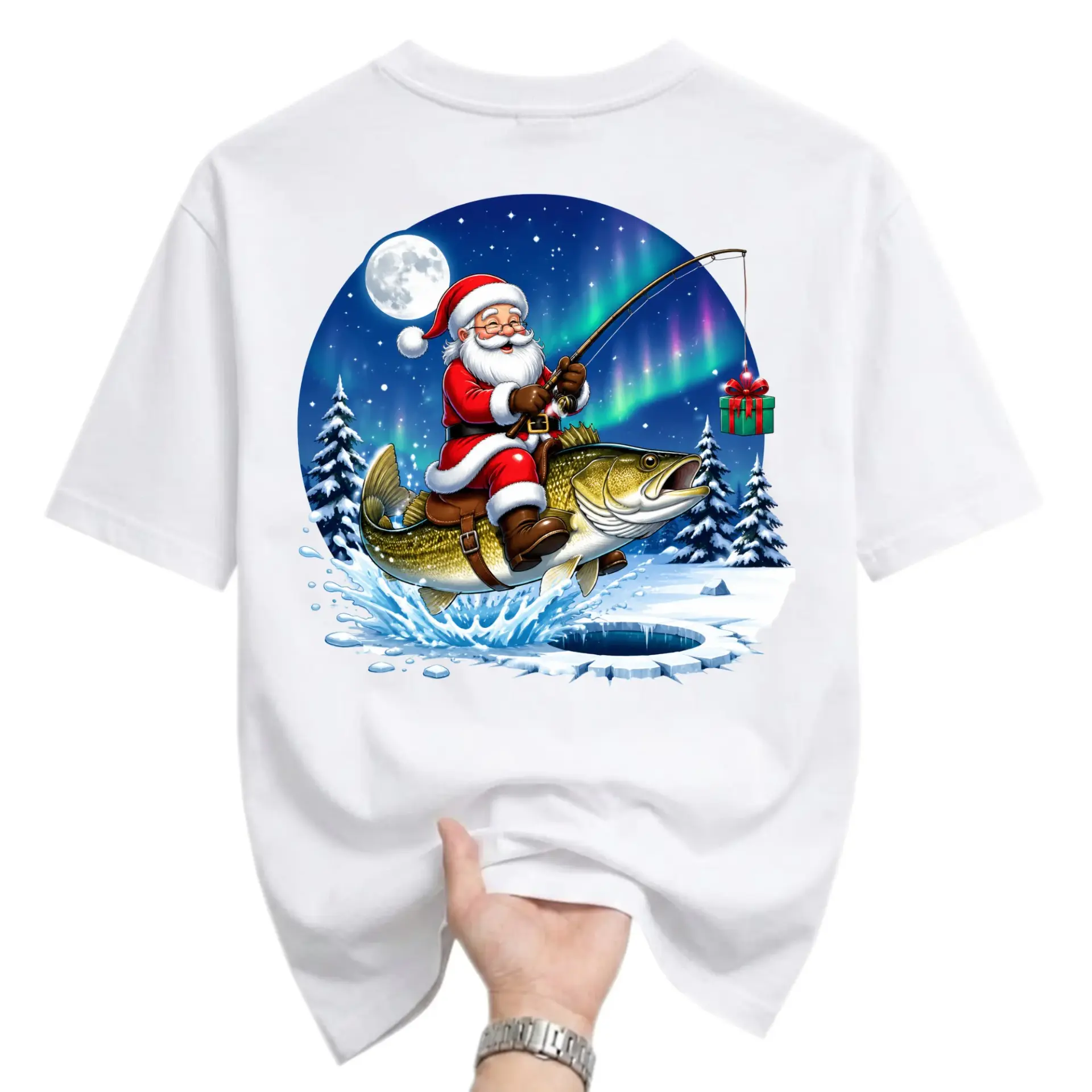 Funny Shirt Christmas Fishing Santa Claus Graphic Tee Unisex Casual Apparel for Holiday Season Lovers