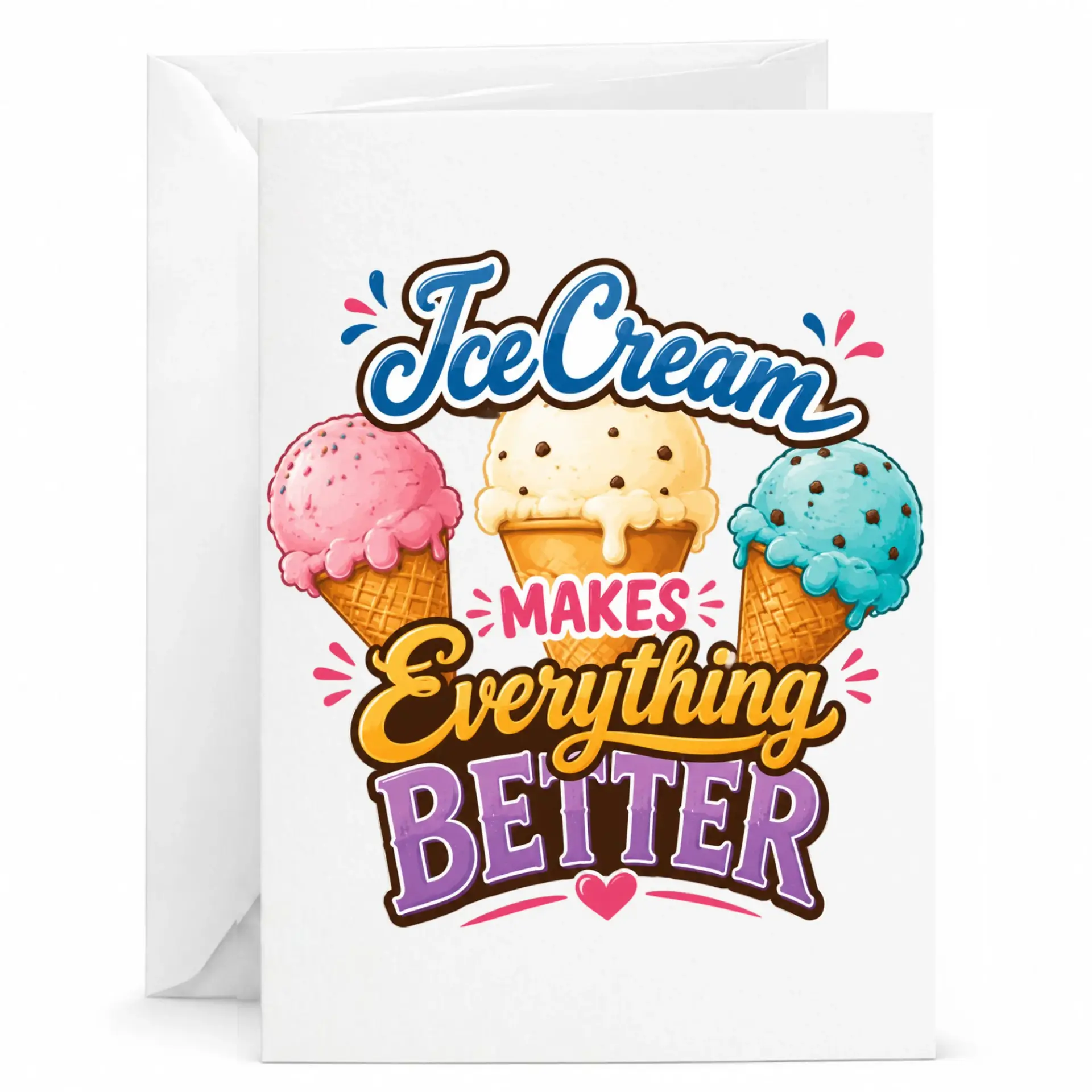 Greeting Card Funny Ice Cream Makes Everything Better Dessert Illustration Stationery for Birthday Anniversary Celebration