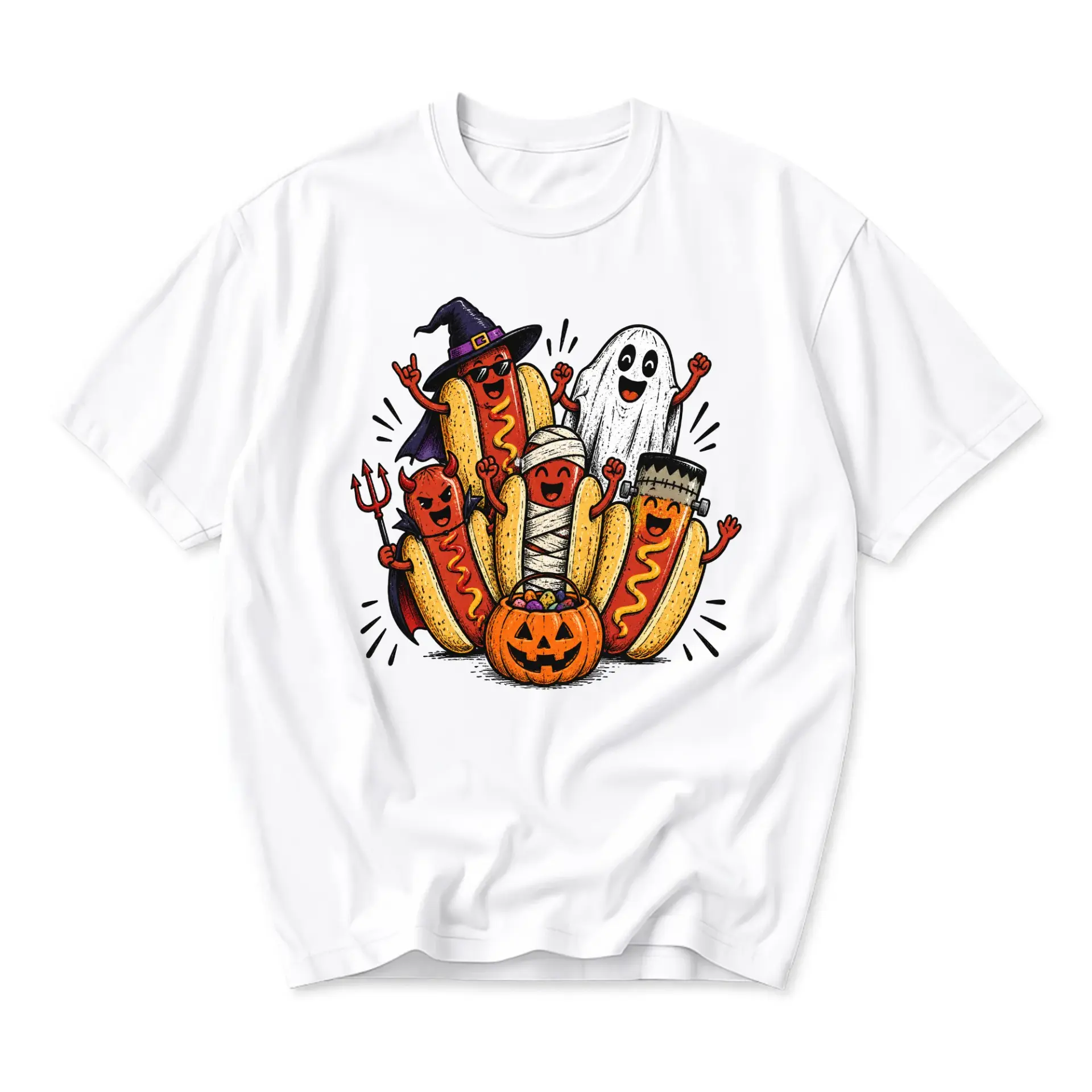 Funny Shirt Featuring Cute Hot Dog Characters in Halloween Costumes Unisex Graphic Printed Short Sleeve Tee