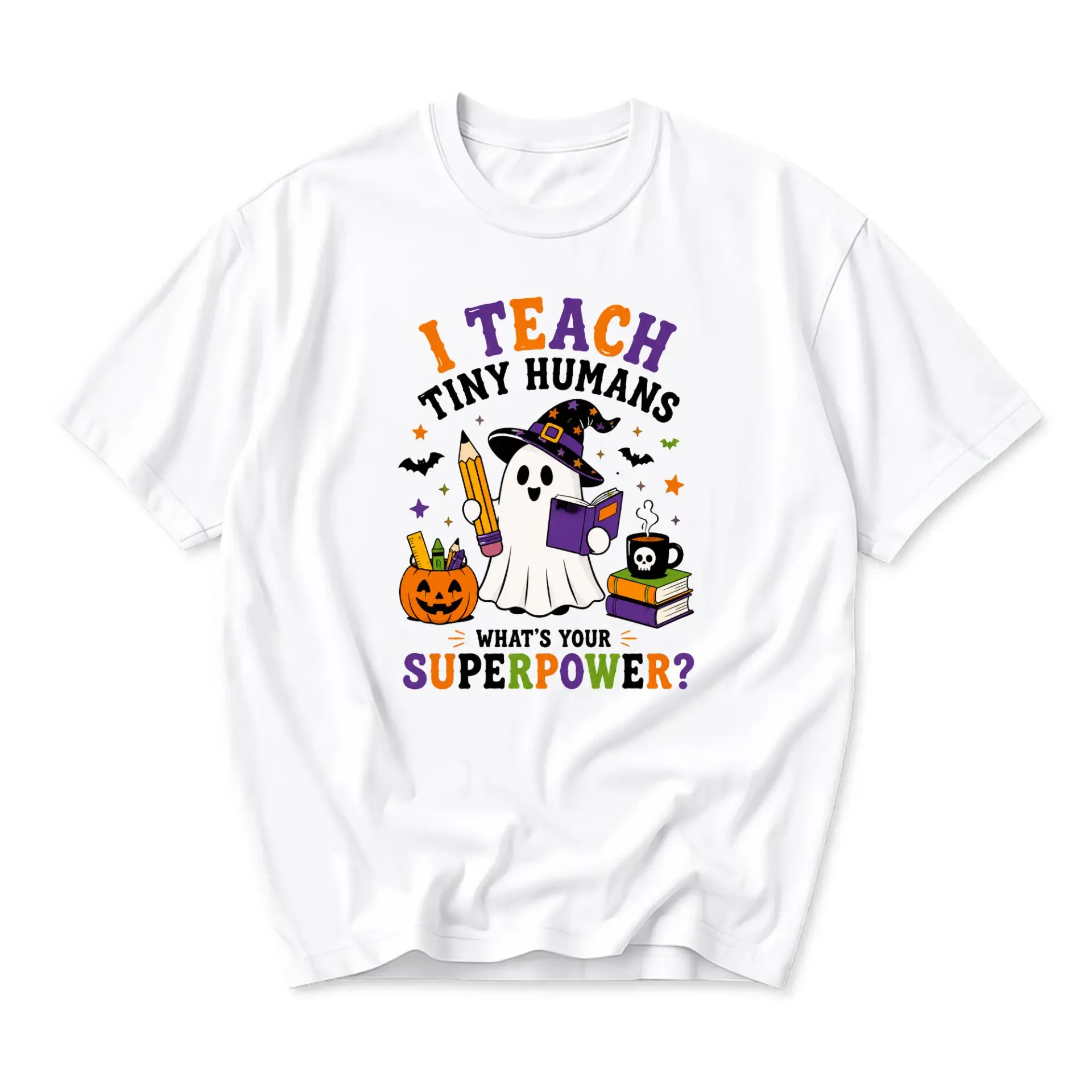 Funny Shirt I Teach Tiny Humans What's Your Superpower Graphic Tee Unisex Casual Crew Neck Halloween Teacher Gift