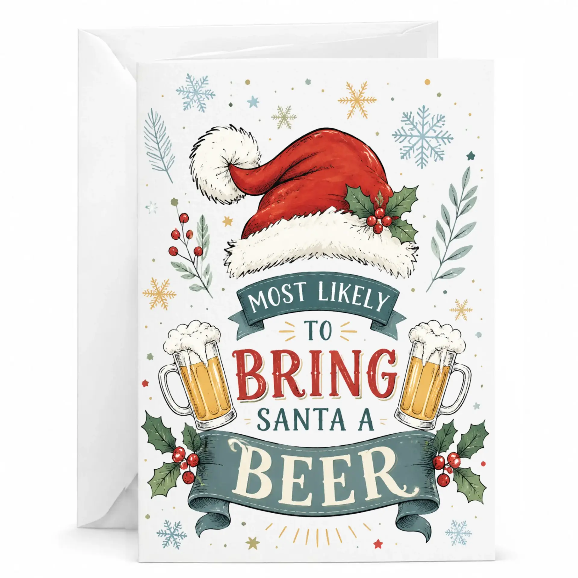 Funny Christmas Greeting Card Most Likely to Bring Santa a Beer Holiday Stationery with Matching White Envelope