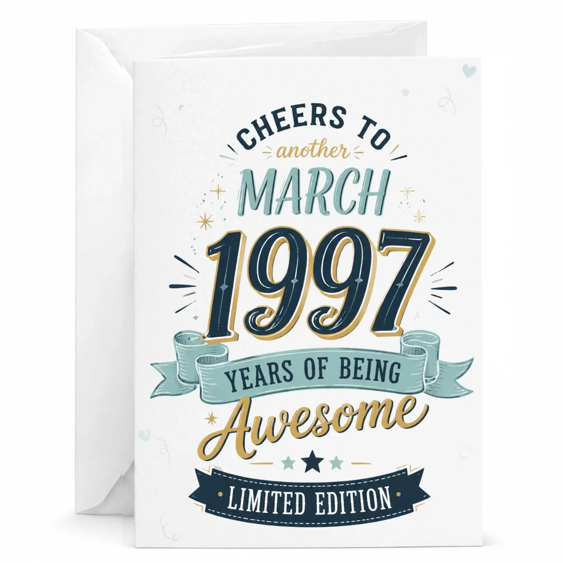 Birthday Card for March 1997 Born - Vintage Style Funny Cheers to Years of Being Awesome Greeting Card with Envelope